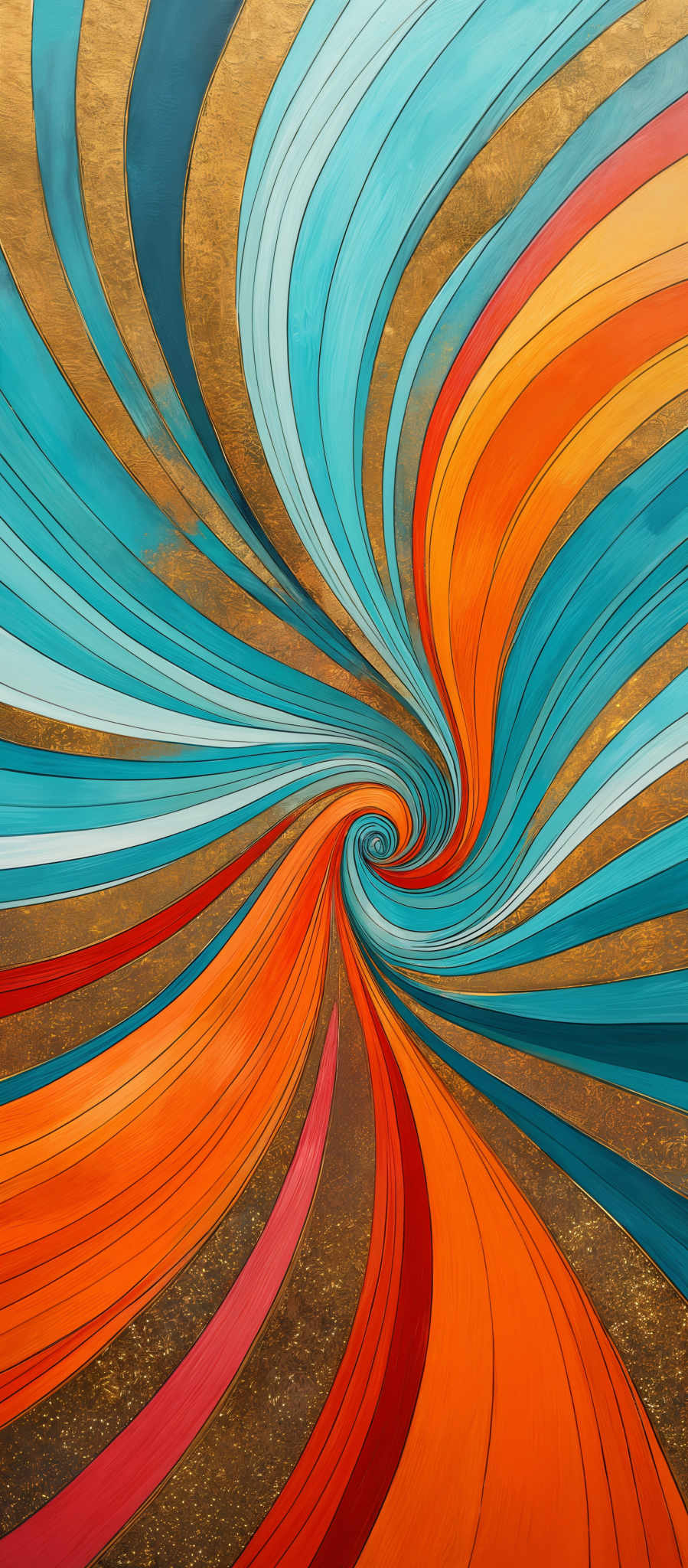 The image showcases a vibrant and dynamic artwork. It features swirling patterns of vivid colors, predominantly turquoise, orange, red, and gold. The swirls are reminiscent of fluid motion, with the colors flowing seamlessly into one another, creating a mesmerizing effect. The background has a textured appearance, possibly resembling a mix of sand and gold specks, adding depth and contrast to the vibrantly colored swirls.