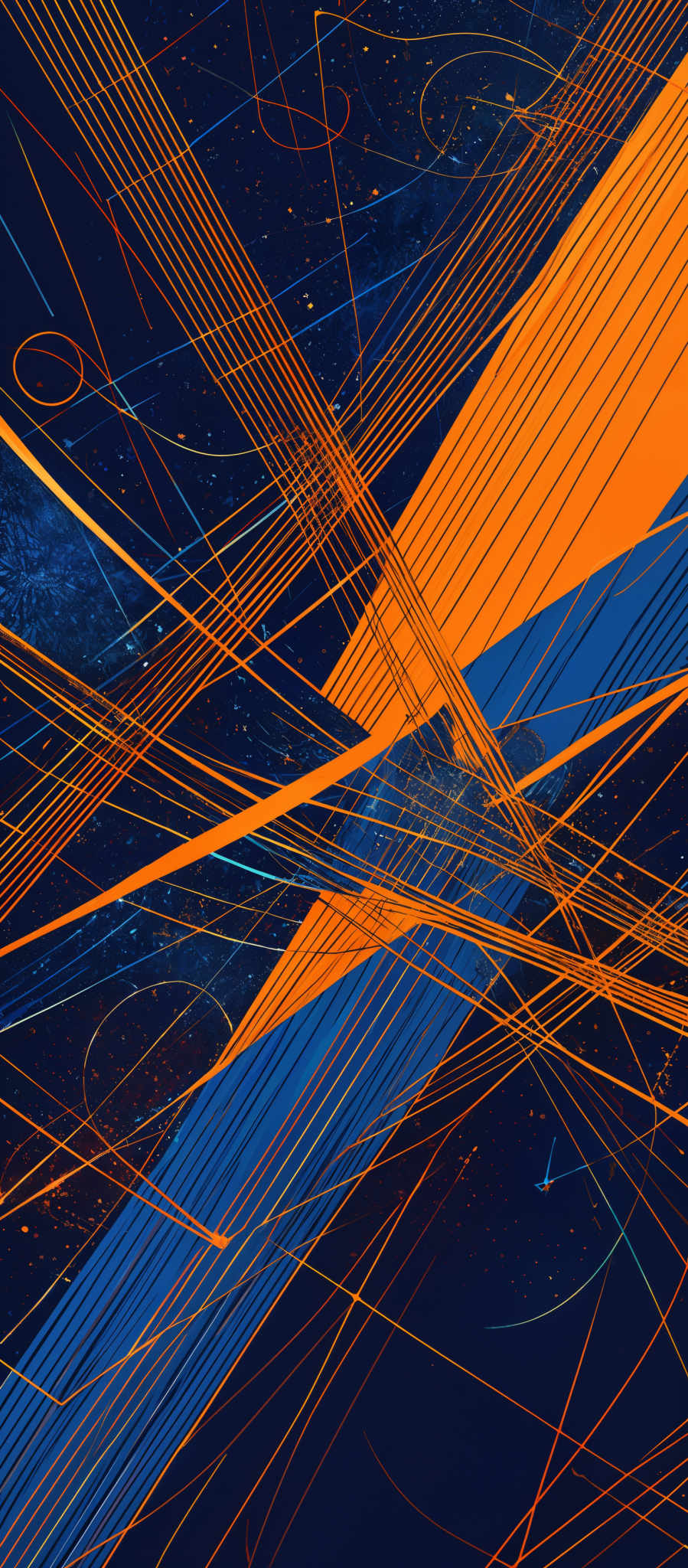 The image showcases a vibrant and dynamic abstract composition. It predominantly features a deep blue background interspersed with bright orange and yellow lines and shapes. These lines and patterns crisscross and intersect, creating a sense of chaos yet order. There are also splashes of white, possibly representing stars or other celestial elements, scattered throughout the blue expanse. The overall feel is energetic and dynamic, reminiscent of a cosmic or space-themed artwork.