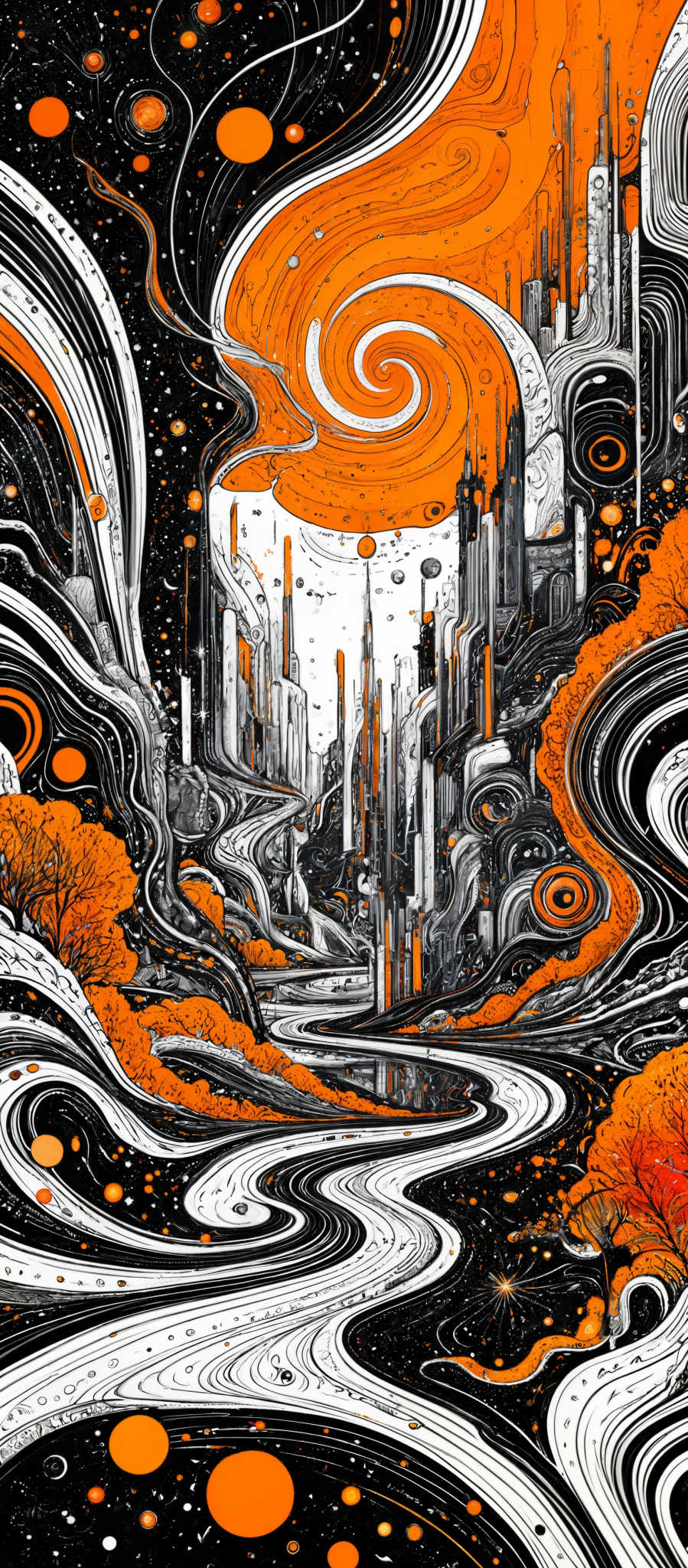 The image showcases a vibrant and intricate artwork. It predominantly features swirling patterns in black, white, and shades of orange. The swirls create a mesmerizing flow, reminiscent of both water and cosmic energy. The central part of the image displays a cityscape with tall buildings, possibly representing a futuristic or otherworldly city. The sky is filled with swirled patterns and orbs, suggesting a celestial or magical ambiance. The overall composition is both dreamy and dynamic, evoking feelings of wonder and curiosity.