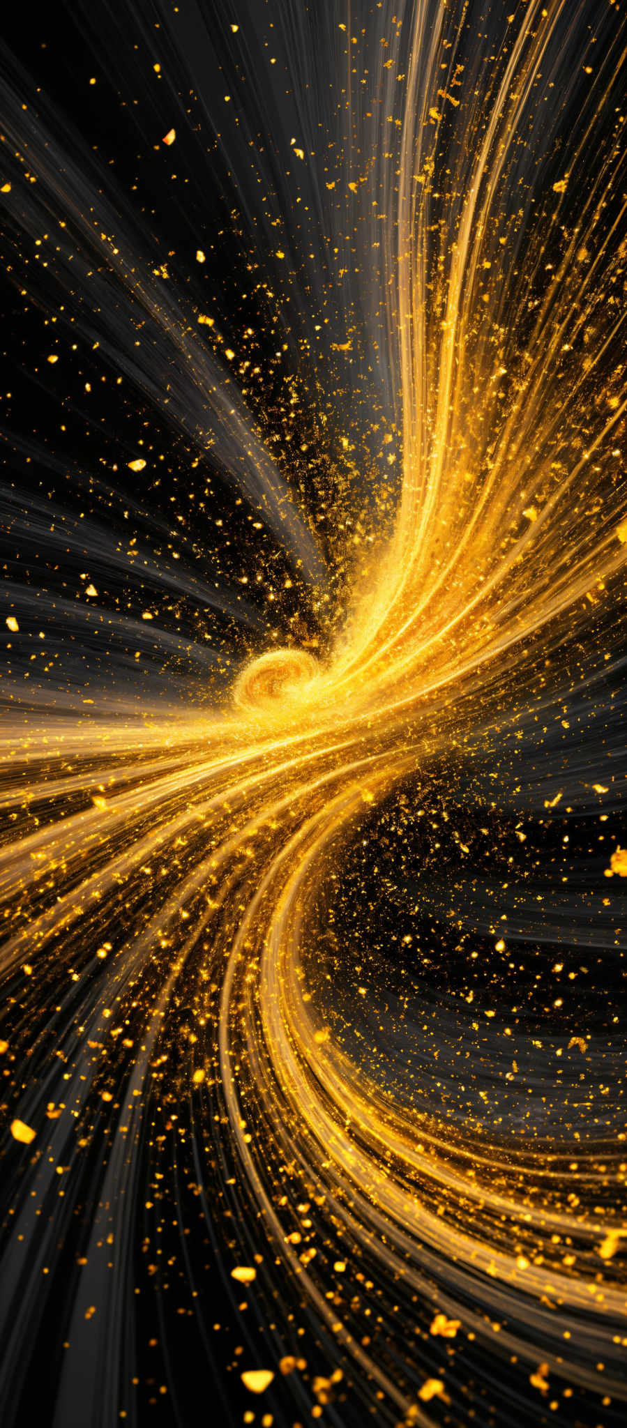 The image showcases a vibrant and dynamic swirl of golden-yellow and black colors. The swirls appear to be made of flowing, smooth lines that converge and diverge, creating an almost hypnotic effect. The golden- yellow lines radiate outward, giving the impression of energy or light emanating from the center. The black background provides a stark contrast, making the golden swirls pop and appear more luminous. Additionally, there are scattered golden-colored particles or shards throughout the image, adding depth and texture.