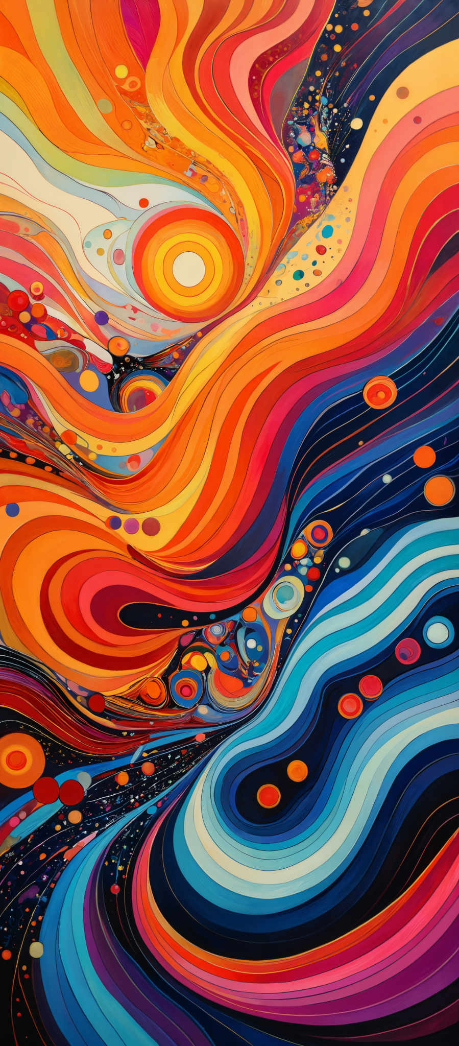 The image showcases a vibrant and colorful abstract artwork. It features a myriad of swirling patterns and waves in a variety of hues, including reds, oranges, blues, purples, and yellows. The patterns seem to flow and intertwine, creating a sense of movement and fluidity. There are also circular elements scattered throughout, some of which are larger and more prominent, while others are smaller and more subtle. The overall composition gives a feeling of dynamism and energy.