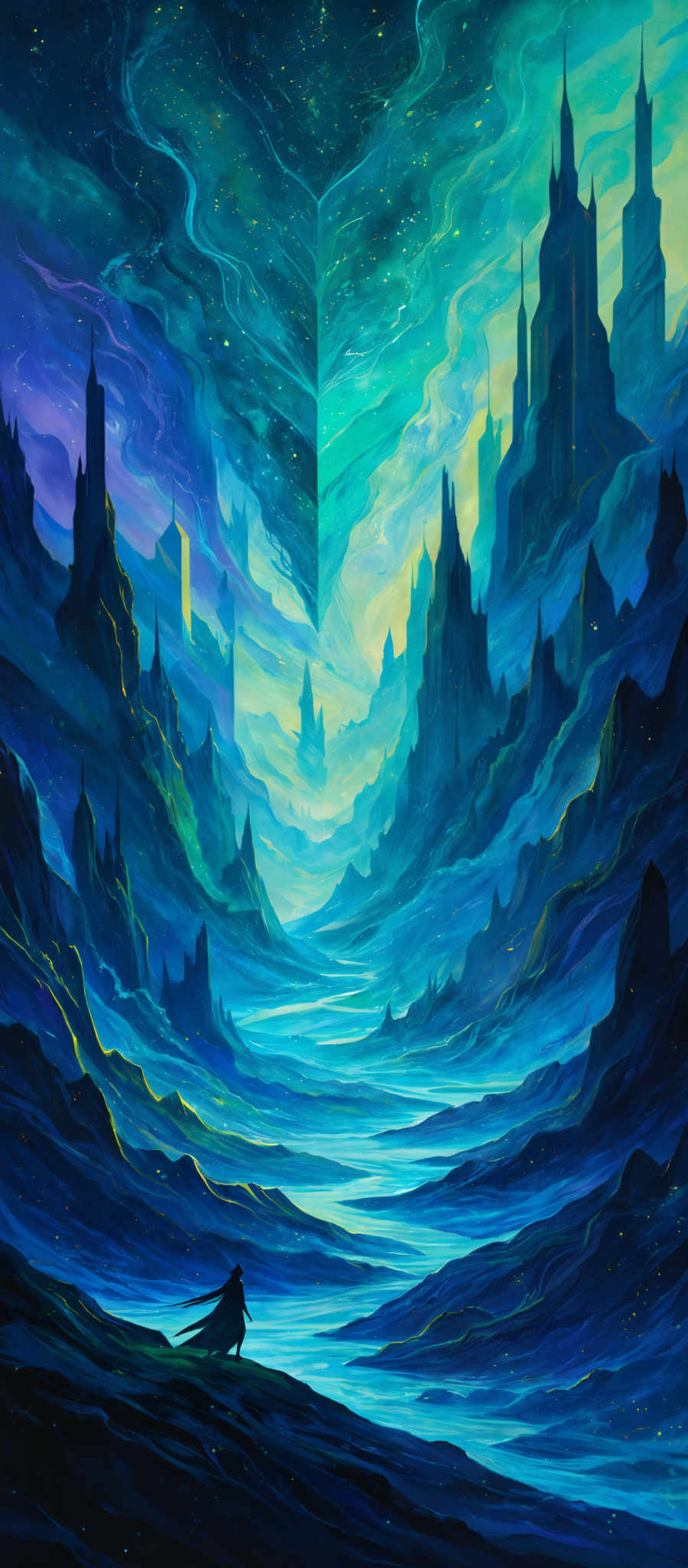 The image showcases a breathtaking landscape with a mix of vibrant colors. Dominating the sky is a swirling pattern of blues, greens, and purples, reminiscent of a cosmic event or a celestial body. Below, there are towering rock formations and spires, some of which appear to be remnants of ancient structures. The terrain is rugged with winding rivers or streams reflecting the colors of the sky. In the foreground, a lone figure stands, dwarfed by the grandeur of the surroundings, possibly observing the celestrial display.