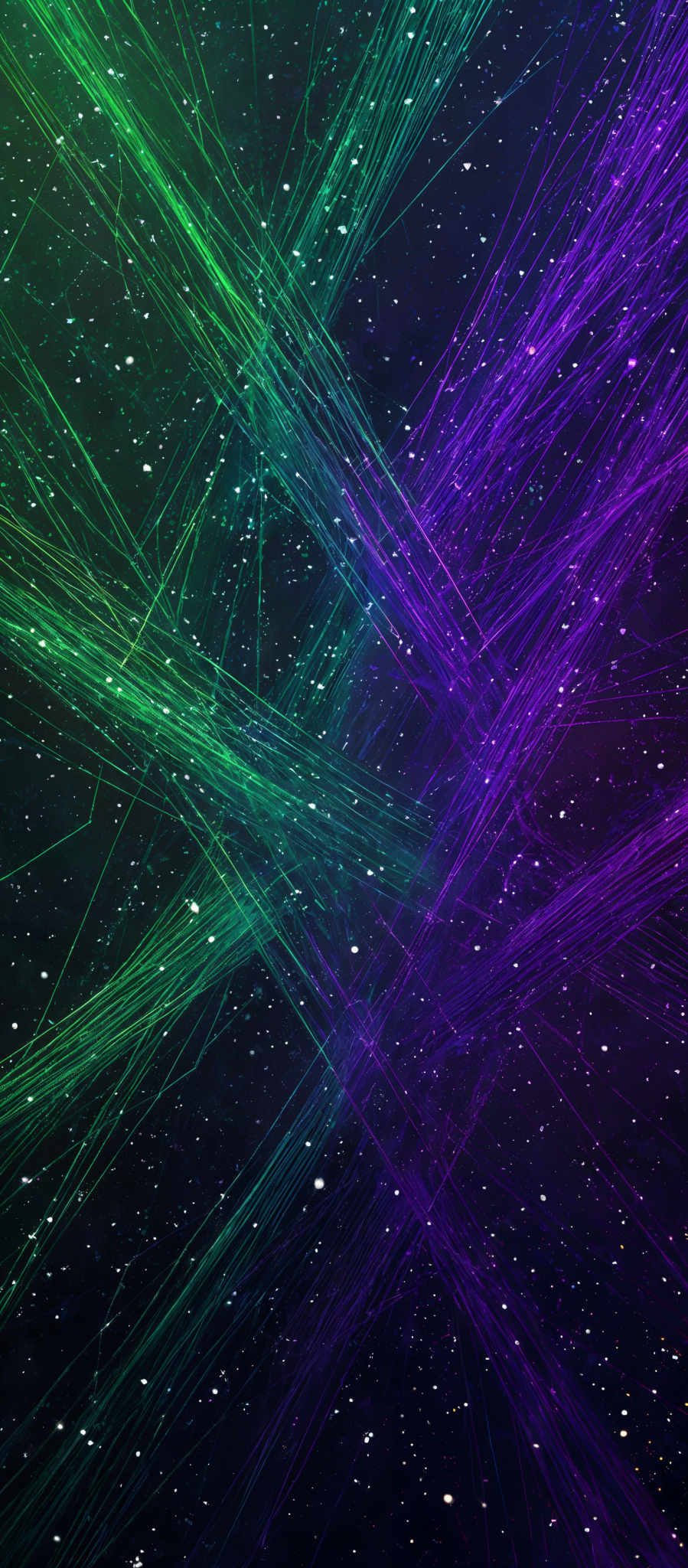 The image showcases a vibrant and dynamic interplay of colors, primarily consisting of shades of green, purple, and blue. The central theme is a series of intersecting lines or strands, reminiscent of a network or web, that radiate outwards in various directions. These lines are interspersed with small, bright dots, possibly representing stars or other distant objects in space. The background is dark, suggesting a deep space or cosmic setting, which further accentuates the luminescence of the strands and dots.