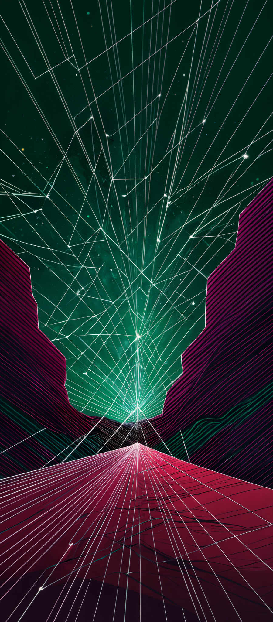 The image showcases a vibrant and dynamic digital artwork. The dominant colors are shades of green, pink, and purple. The artwork features a central burst of light emanating from a point, which radiates outwards in a network of white lines. These lines create an intricate web-like pattern, reminiscent of a digital or cosmic network. On either side of this burst, there are deep purple and pink canyon-like structures. The sky above is a deep shade of green with scattered white dots, possibly representing stars or distant galaxies.