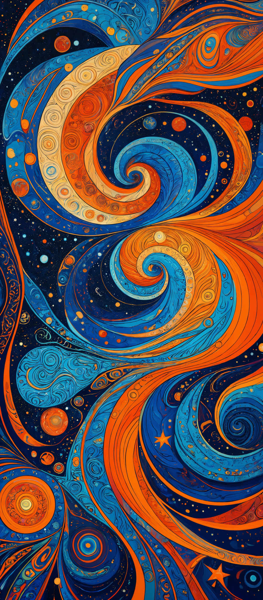 The image showcases a vibrant and intricate pattern with swirling motifs. The dominant colors are shades of blue, orange, and white. The swirls are reminiscent of galaxies or nebulas, with intricate details that resemble stars, planets, and other celestial objects. The patterns are interwoven with each other, creating a sense of depth and movement.