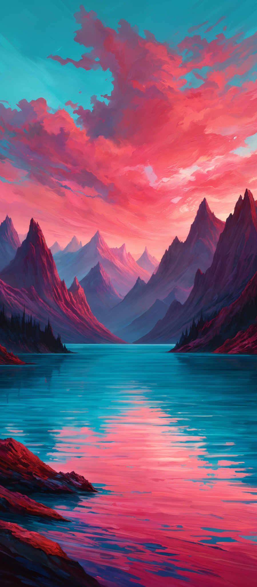 The image showcases a breathtaking landscape during what appears to be sunset or sunrise. Dominating the sky are vibrant hues of pink, orange, and blue, with clouds painted in shades of pinks and purples. Below, a series of majestic mountains rise, their peaks illuminated by the sun's glow. The mountains are depicted in shadows of purple and blue. In the foreground, there's a serene body of water reflecting the colors of the sky. The water's surface has gentle ripples, and its edges are bordered by rocky outcrops. The overall ambiance of the image is tranquil and