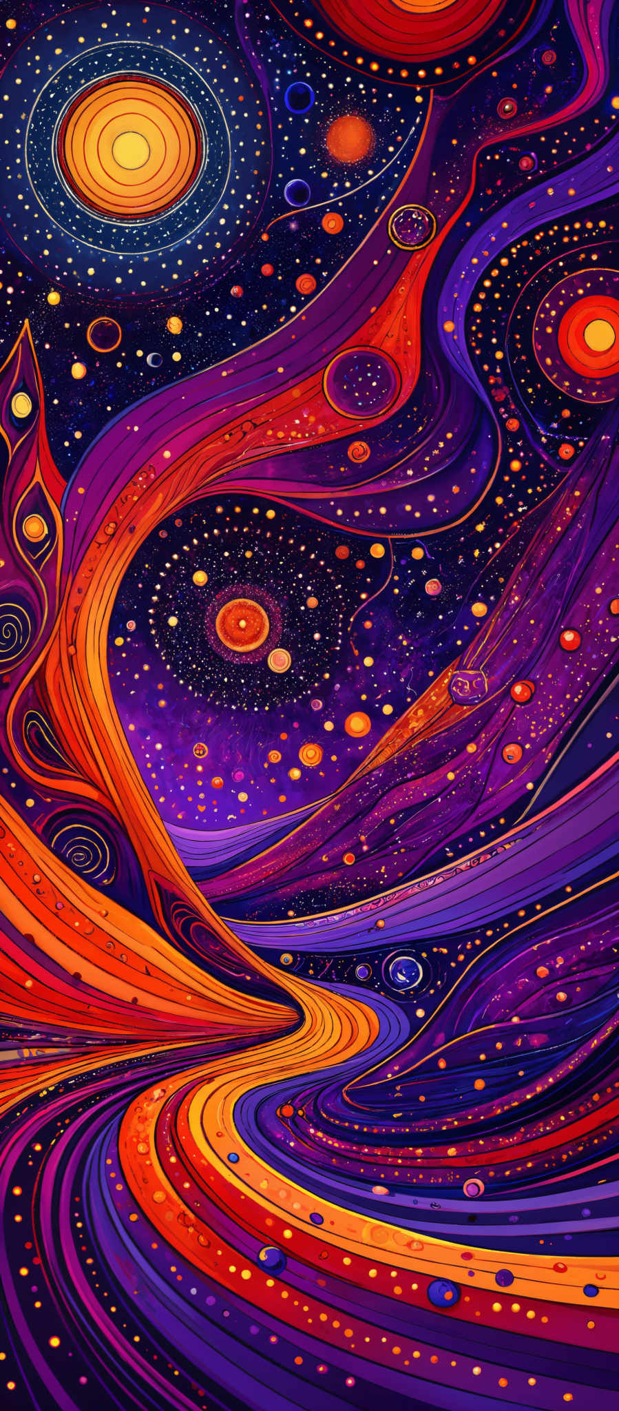 The image showcases a vibrant and intricate cosmic scene. It predominantly features swirling patterns of vivid colors, including deep purples, radiant oranges, and fiery reds. The central motif is a large, glowing sun with concentric circles emanating light. Surrounding this sun are various celestial bodies, such as planets and moons, depicted in a mix of orbs and spirals. The overall composition gives a sense of movement and depth, as if one is gazing into a distant galaxy or nebula.