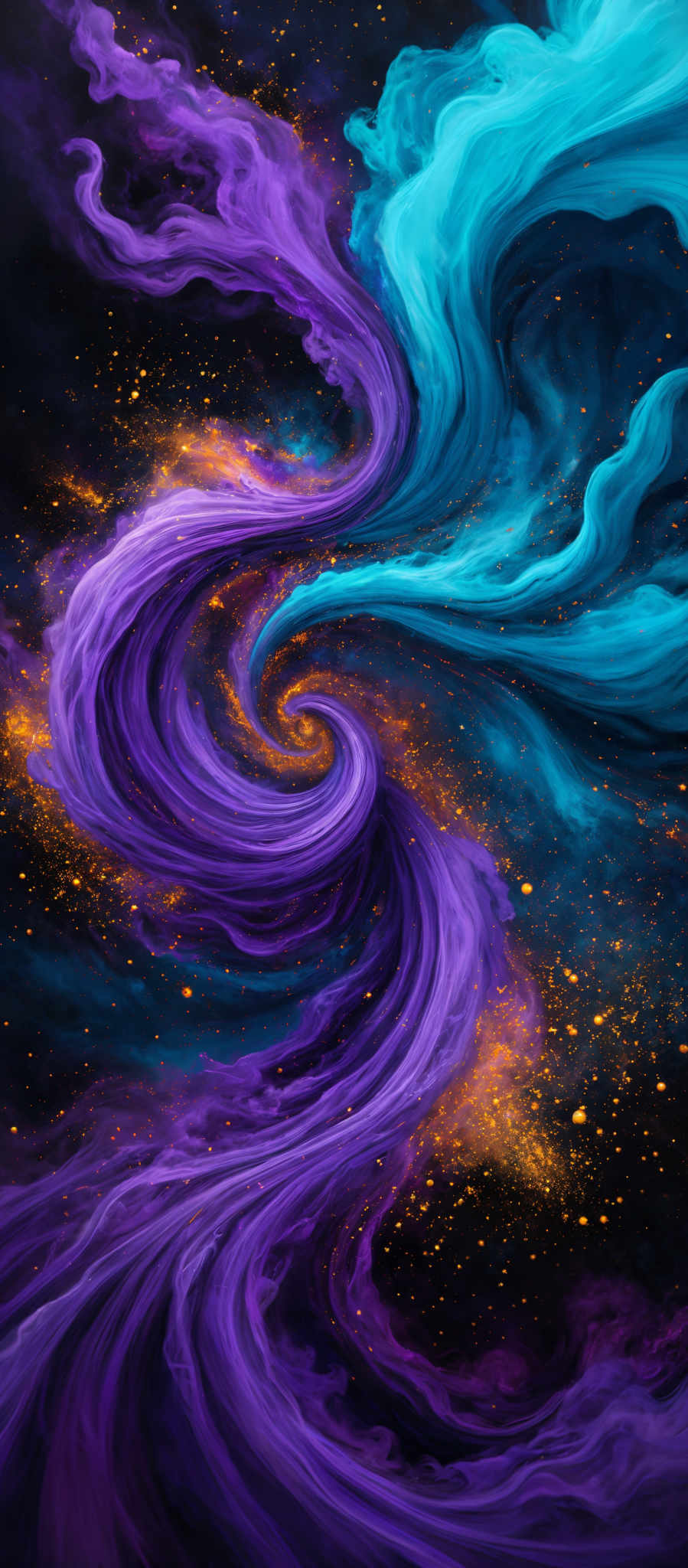 The image showcases a vibrant and mesmerizing swirl of colors. Dominating the scene are deep purples and blues, reminiscent of a galaxy or nebula. These colors are intertwined with swirling patterns, giving the impression of fluid motion. There are also bursts of gold and orange, possibly representing distant stars or cosmic dust, scattered throughout the image, adding depth and contrast. The overall effect is both ethereal and dynamic, evoking a sense of wonder and the vastness of the universe.