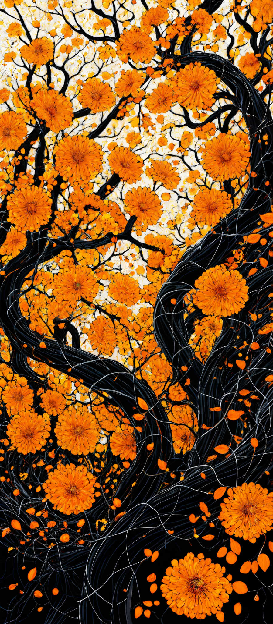 The image showcases a vibrant and intricate artwork. It predominantly features dark, intertwining branches that seem to weave and twist, creating a dense canopy. These branches are adorned with bright, round, and vividly colored orange flowers. The background is a contrasting white, which accentuates the dark branches and the bright flowers. There are also smaller orange petals scattered throughout the image, adding depth and texture.