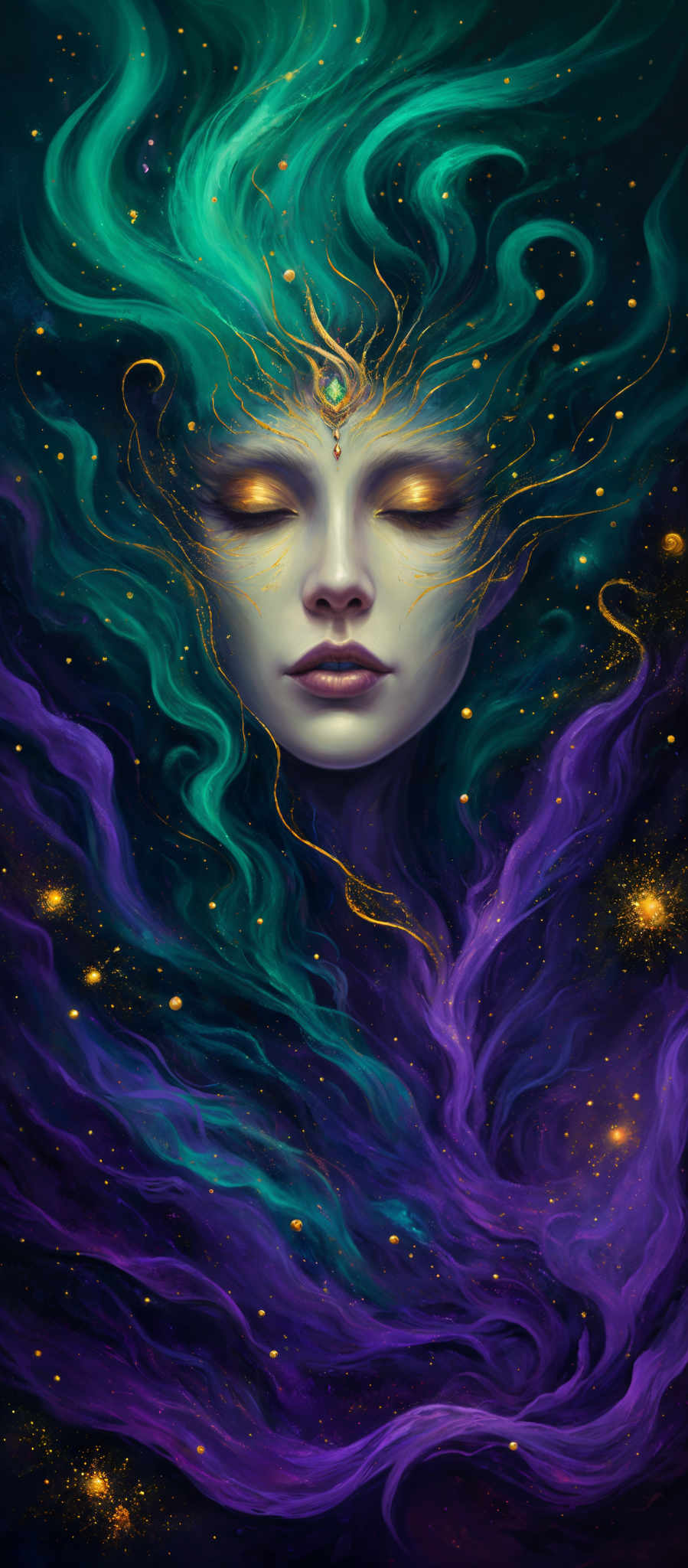 The image showcases a serene face of a woman with her eyes closed. Her skin is pale, and her forehead is adorned with a golden ornament. Her hair flows like a vibrant, swirling river of green and blue, intertwined with golden tendrils. The background is a deep, dark space dotted with golden stars, and there are swirled patterns of purple and blue that seem to emanate from her hair, blending into the cosmic backdrop.