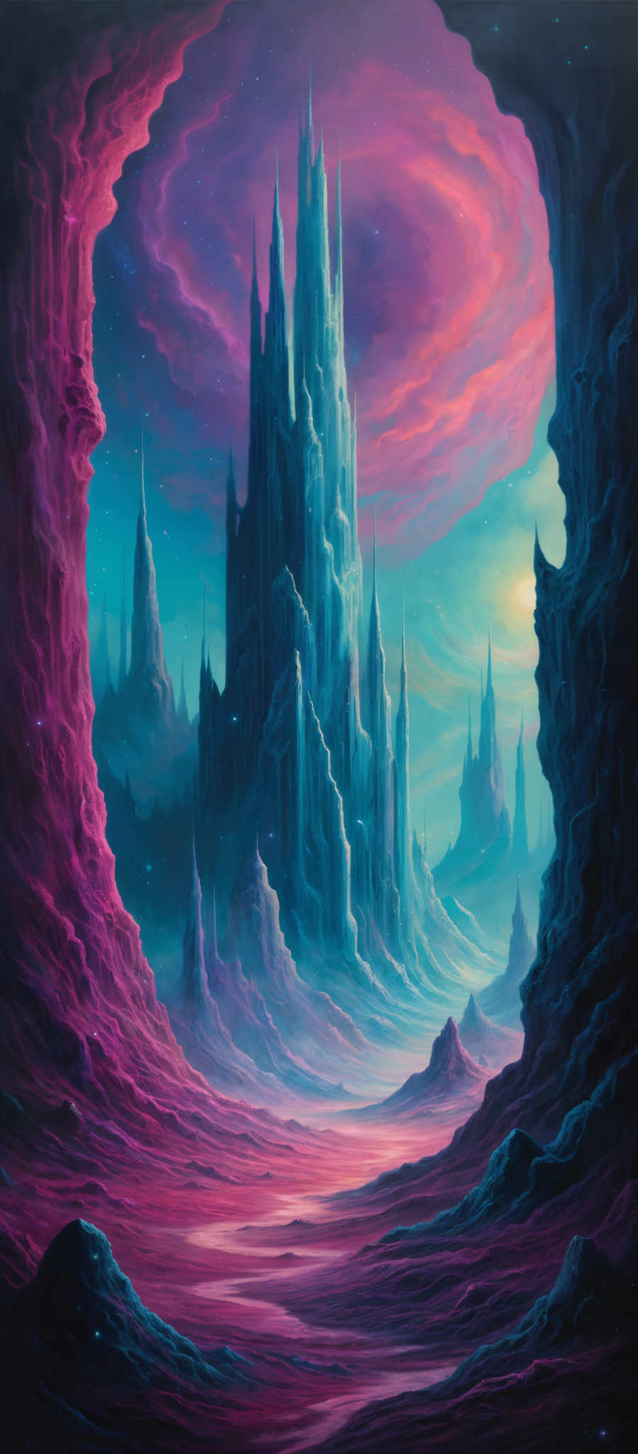 The image showcases a mesmerizing landscape with towering, jagged spires that rise majestically against a vibrant backdrop. The predominant colors are shades of blue, pink, and purple, creating a surreal and dreamlike atmosphere. The spires are intricately detailed, with sharp edges and deep shadows, suggesting they are made of a crystalline or icy material. The foreground features a winding pathway that leads to the central spire, surrounded by undulating terrains and rock formations. Above, the sky is painted in hues of pink and blue, with swirling clouds that add to the otherworldly feel of the scene