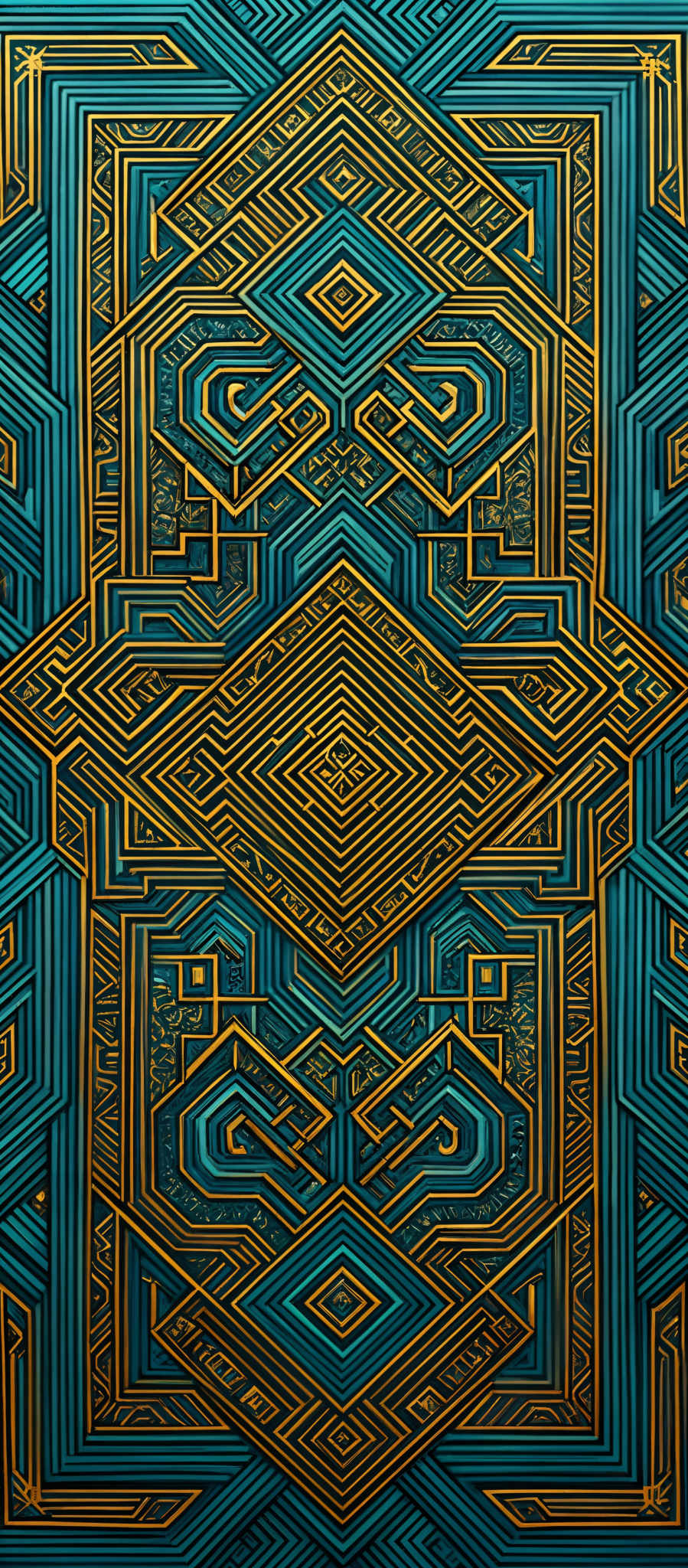 The image showcases a vibrant and intricate geometric pattern. The dominant colors are shades of blue and gold. The shapes are predominantly symmetrical and include various geometric forms such as squares, triangles, and rectangles. The design is intricate with multiple layers and intertwining lines, creating a mesmerizing visual effect.