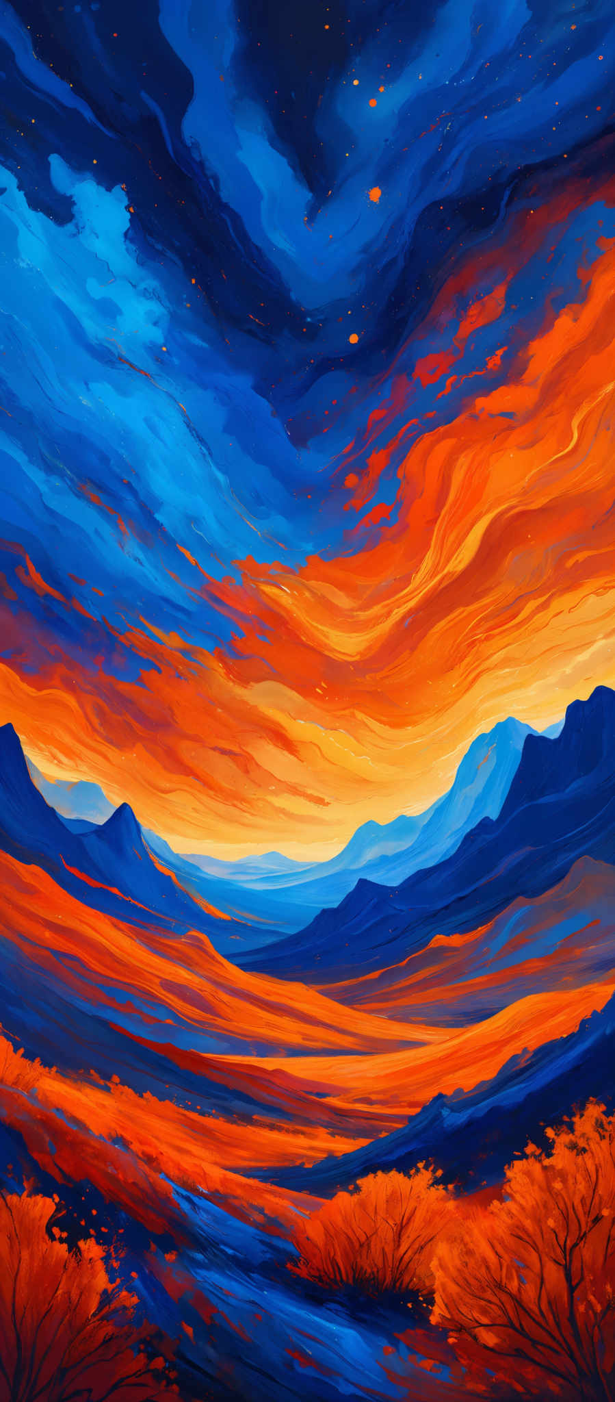 The image showcases a vibrant landscape with a rich blend of colors. Dominating the sky is a swirling mix of deep blues and fiery oranges, suggesting a dramatic sunset or sunrise. The clouds appear thick and voluminous, with the fiery hues reflecting off them, creating a mesmerizing effect. Below the sky, there are silhouettes of mountains, their contours sharp and defined. The foreground is adorned with fields of golden-orange, possibly representing fields of autumn grass or a desert landscape. There are also some darker patches, possibly indicating shrubs or trees. The entire scene is painted with a sense of movement and depth,