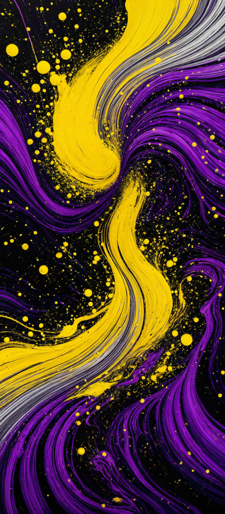 The image showcases a vibrant and dynamic composition of swirling patterns. The dominant colors are black, yellow, and purple. The swirls are fluid and wavy, creating a sense of movement and energy. There are also scattered yellow dots throughout the image, adding a touch of brightness and contrast.