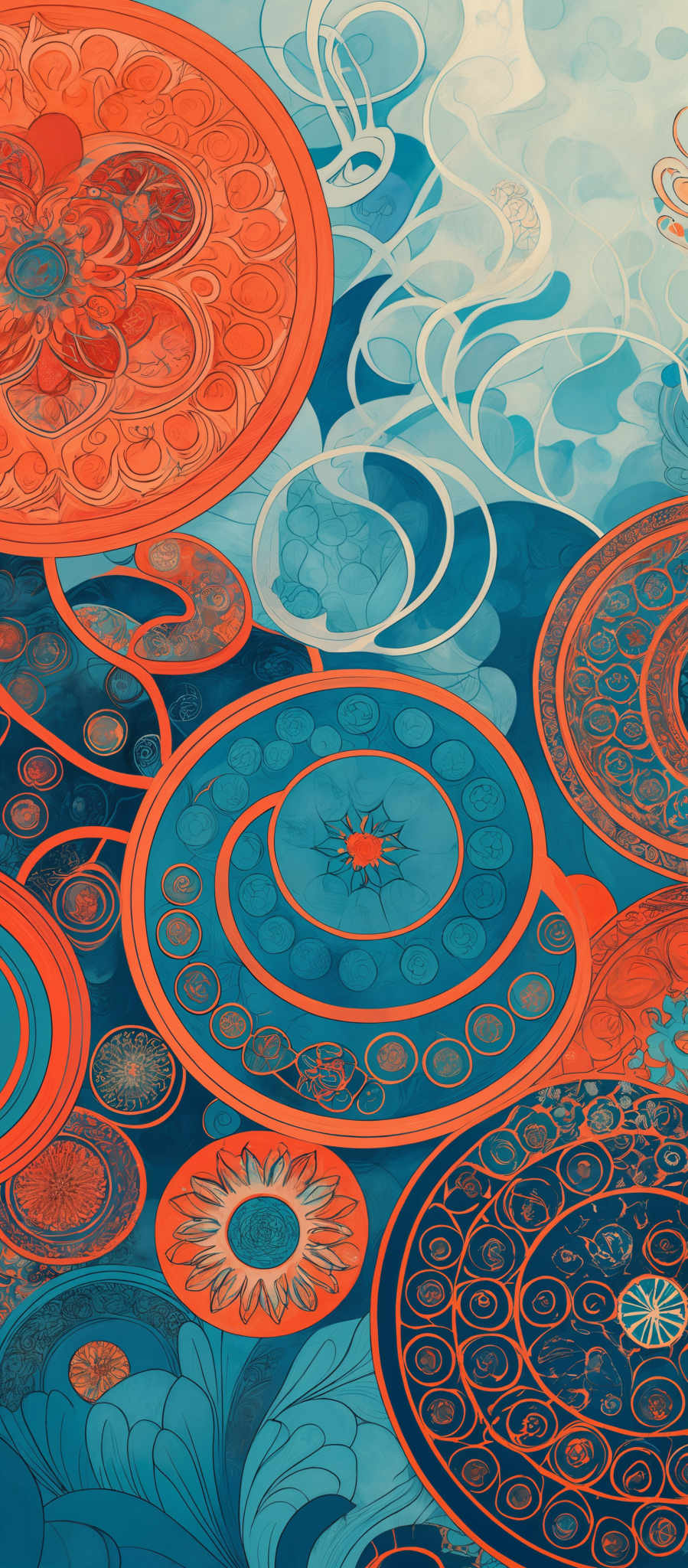 The image showcases a vibrant and intricate design with a predominant use of blue and orange hues. The design consists of various circular patterns, some of which are larger and more dominant, while others are smaller and intertwined with one another. The larger circles have intricate patterns and designs within them, resembling mandalas or floral motifs. The intertwining patterns create a sense of movement and flow, giving the image a dynamic feel. The overall design is reminiscent of traditional mandalay art or intricate tapestry designs.