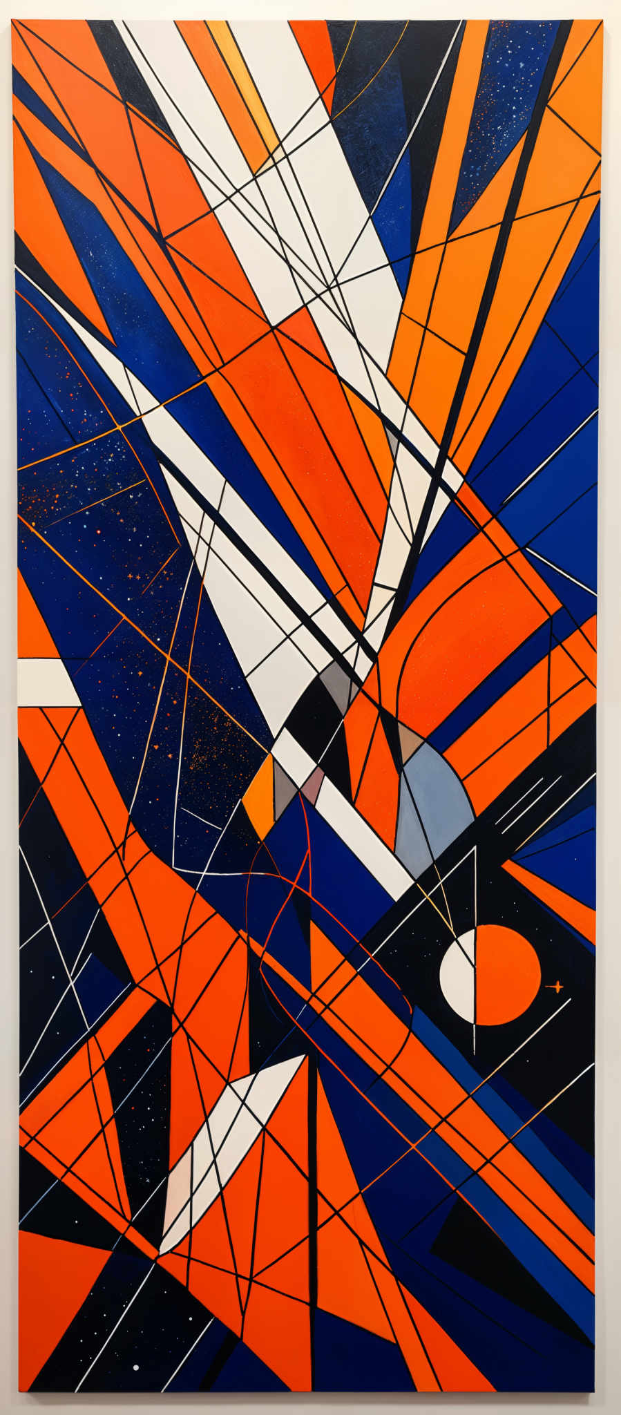 The image showcases an abstract painting with a predominant use of vibrant colors such as blue, orange, and white. The shapes are geometric in nature, consisting of overlapping triangles, lines, and curves. The painting appears to be a chaotic interplay of these shapes, creating a sense of movement and dynamism. There are also splashes of white, possibly representing stars or specks of light, adding depth and dimension to the piece.