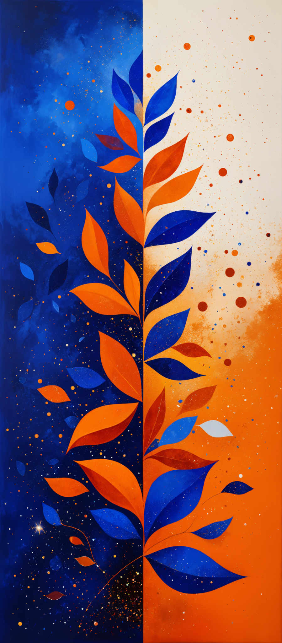 The image showcases a vibrant and colorful depiction of leaves. The leaves are predominantly in shades of orange and blue. They are arranged in a vertical manner, with the blue leaves on the left side and the orange leaves on right. The background is a gradient of blue, transitioning from a deep navy at the top to a lighter shade at the bottom. There are also small, scattered dots in the background, giving it a speckled appearance.