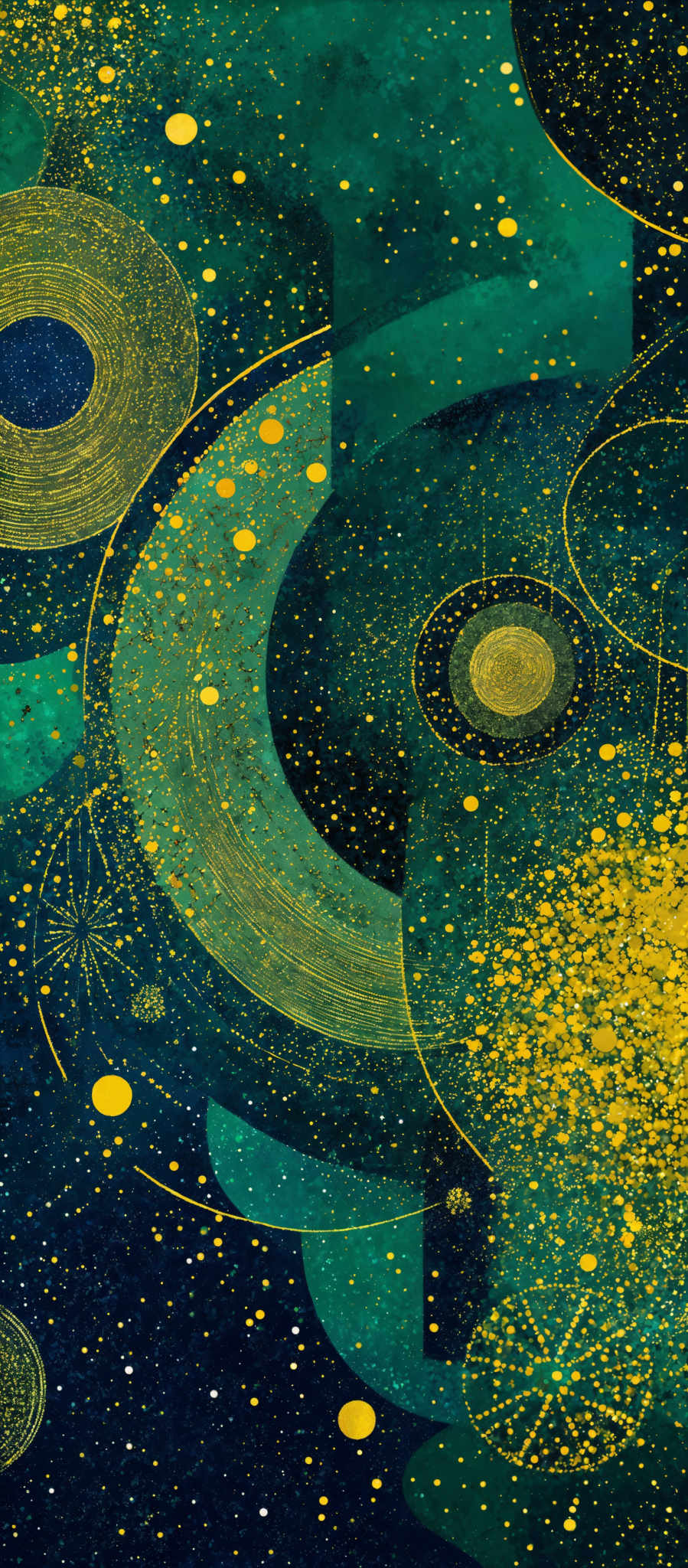 The image predominantly features a deep blue background with various abstract shapes and patterns. These shapes include concentric circles, swirls, and splatters of gold. The gold patterns resemble celestial bodies or constellations, and they are scattered throughout the image, creating a sense of depth and dimension. The overall color palette is a mix of deep blues and vibrant golds, evoking a sense wonder and mystery.