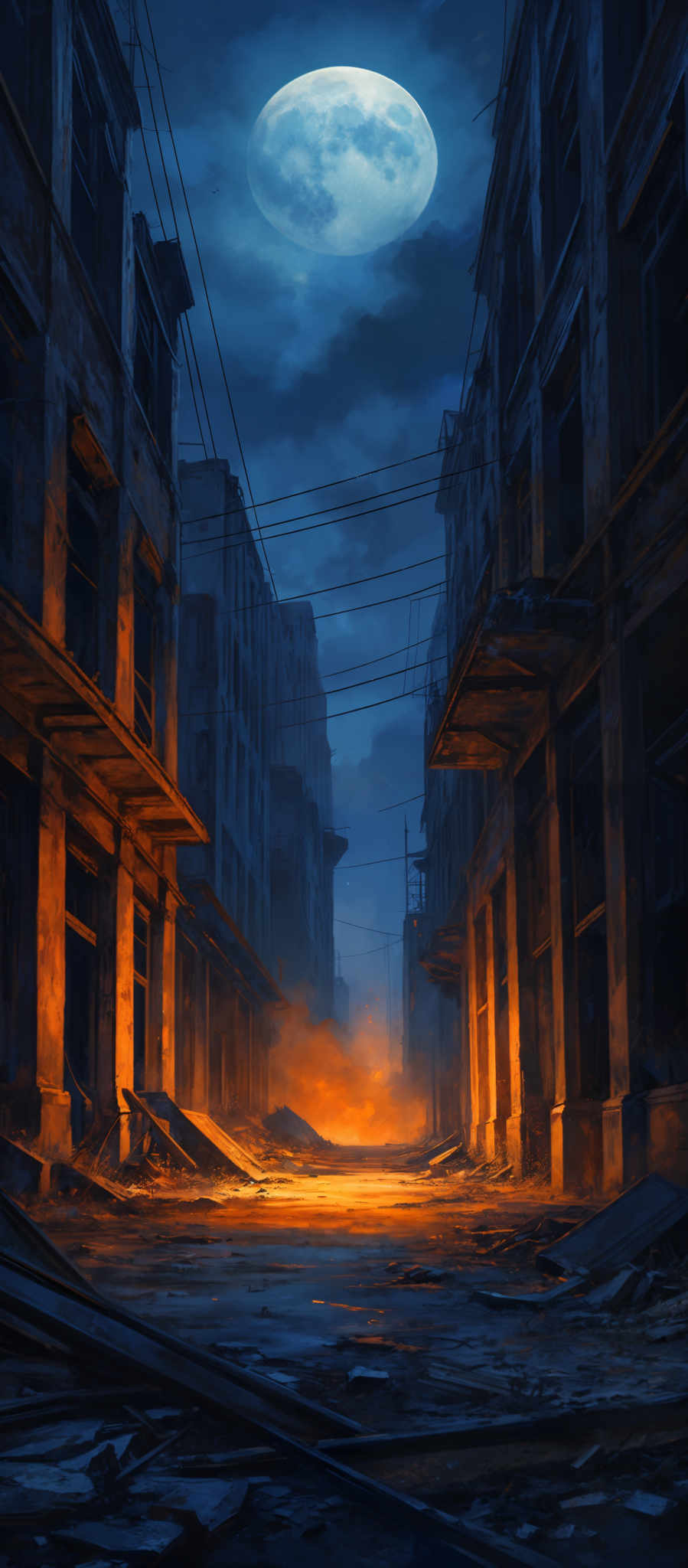 The image showcases a desolate urban landscape at night. Dominating the scene is a large, luminous moon that casts a pale light over the city. The buildings are old and dilapidated, with broken windows, crumbling walls, and debris scattered on the ground. The color palette is predominantly dark with shades of blue and gray, punctuated by the warm orange and yellow glow from the moonlight and the distant fire. Power lines crisscross the sky, and the overall atmosphere is eerie and post-apocalyptic.