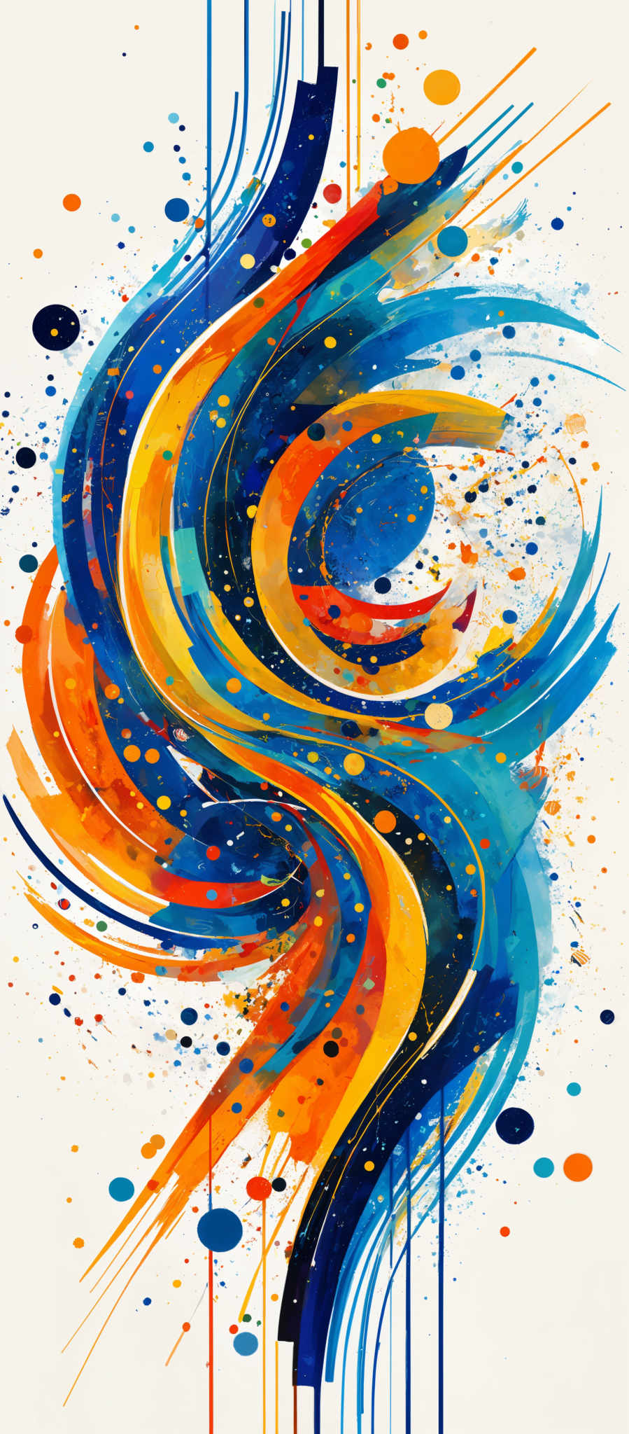 The image showcases a vibrant and dynamic abstract artwork. It predominantly features swirling patterns of blue, orange, and yellow, interspersed with splashes of red and white. The shapes are fluid and curvy, resembling waves or rivers, and they are set against a white background. The artwork is also adorned with numerous colorful dots and streaks, adding to its lively and energetic feel.