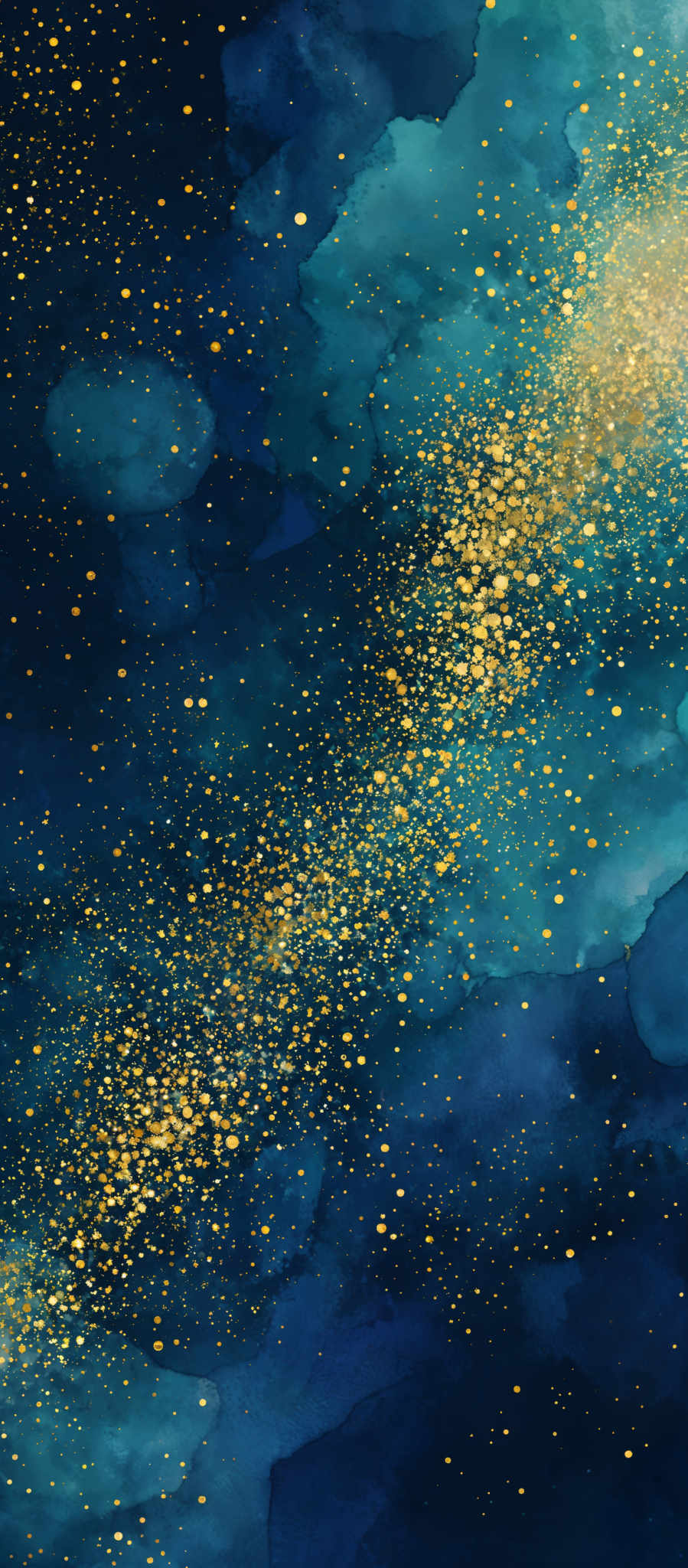 The image showcases a deep blue and teal watercolor background with a sprinkling of golden specks, resembling stars or sparkles. The golden speckles are scattered throughout the image, creating a sense of depth and dimension. The colors transition smoothly from a darker shade of blue at the top to a lighter teal towards the bottom.