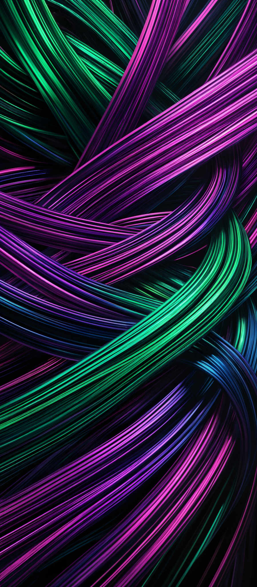 The image showcases a vibrant and intricate design of intertwined wires or strands. These strands are colored in a gradient of purples, blues, and greens, transitioning smoothly from one hue to another. The shape is reminiscent of tangled threads or woven fabric, with each strand curving and looping around the others. The overall effect is both visually striking and dynamic, giving a sense of movement and depth.