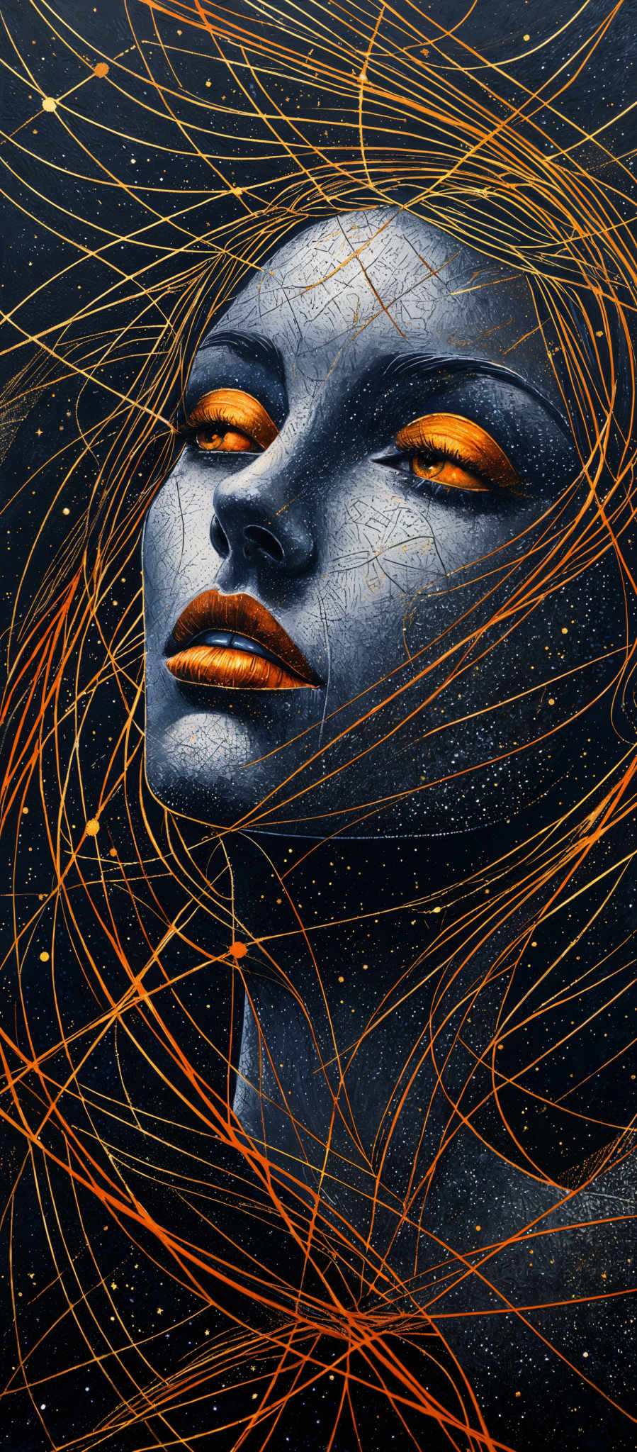 The image showcases a portrait of a woman's face, predominantly in shades of blue and gray. Her eyes are a striking orange, contrasting sharply with the cooler tones of her face. Swirling around her are golden, intertwining lines that resemble strands of hair or perhaps cosmic energy. These lines weave a complex pattern against a dark background sprinkled with white specks, possibly representing stars or snowflakes.