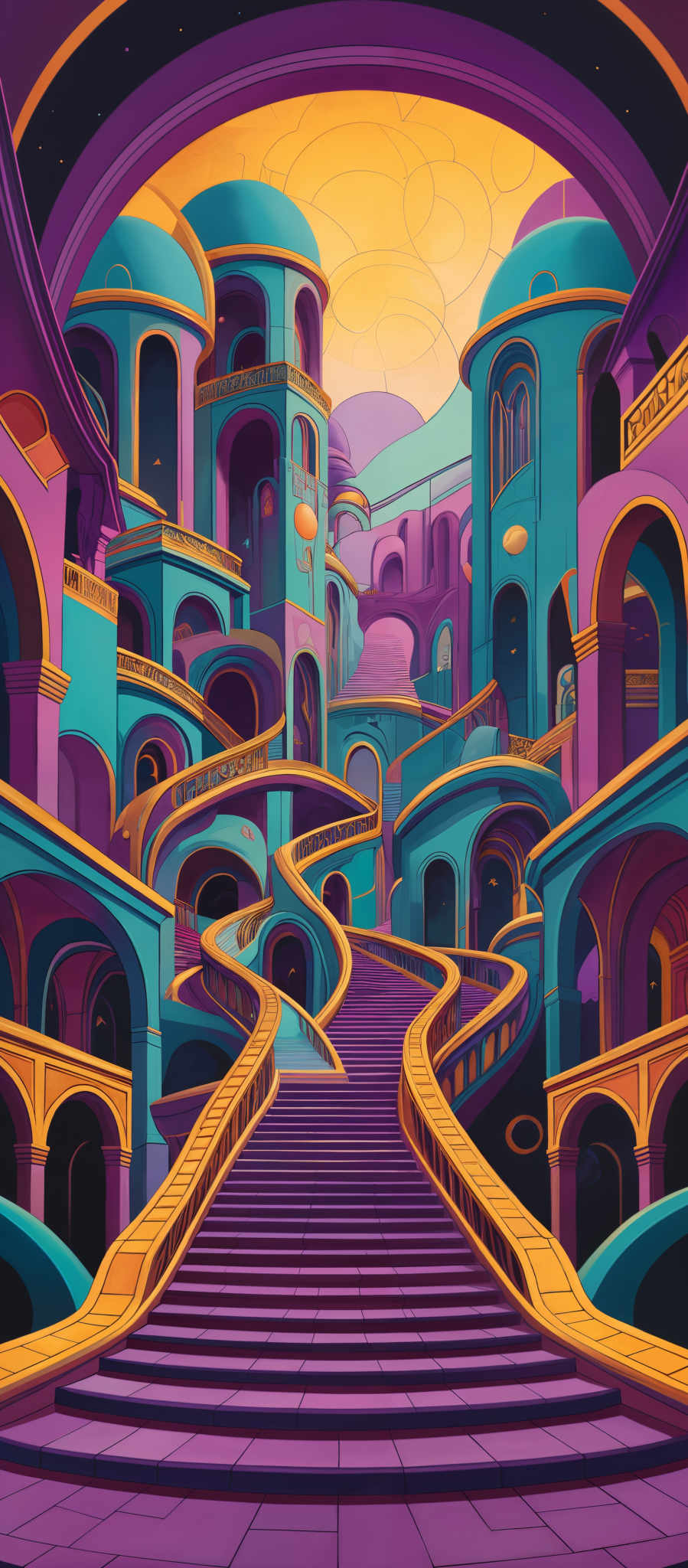 The image showcases a vibrant and intricate architectural design. The predominant colors are shades of purple, blue, and gold. The architecture features a series of interconnected buildings with domed roofs, arches, and staircases. The staircase in the center is a prominent feature, leading up to a golden balcony. The buildings have a fantastical and dreamlike quality, with curved and winding designs. The sky above is a warm golden hue, suggesting either a sunrise or sunset.