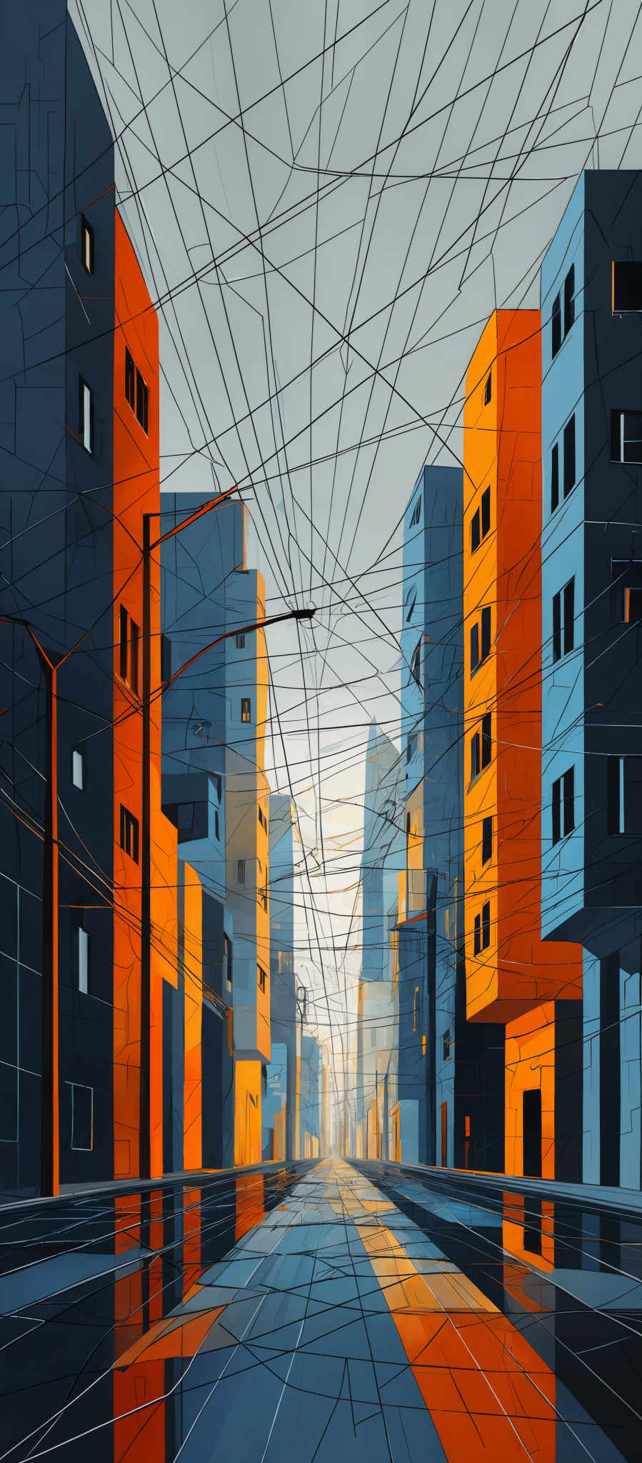 The image showcases an urban setting with tall buildings, some of which are painted in shades of blue and orange. The buildings have a modern architectural design with rectangular windows. The sky is a light gray, suggesting either early morning or late afternoon. The most striking feature of the image is the intricate network of lines crisscrossing the sky and buildings, resembling electrical or telephone wires. These lines add a dynamic and chaotic element to the otherwise serene urban landscape.