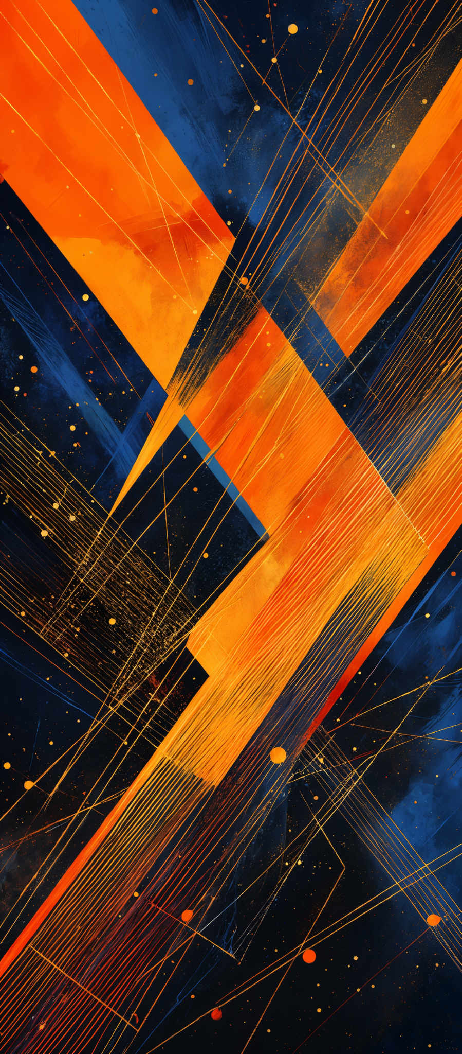 The image showcases a vibrant and dynamic abstract composition. It predominantly features bold shades of blue and orange. The blue forms the backdrop, while the orange intersects in sharp, intersecting lines and shapes. These intersecting shapes create a sense of movement and energy. There are also gold-colored lines and dots scattered throughout, adding depth and contrast to the composition.