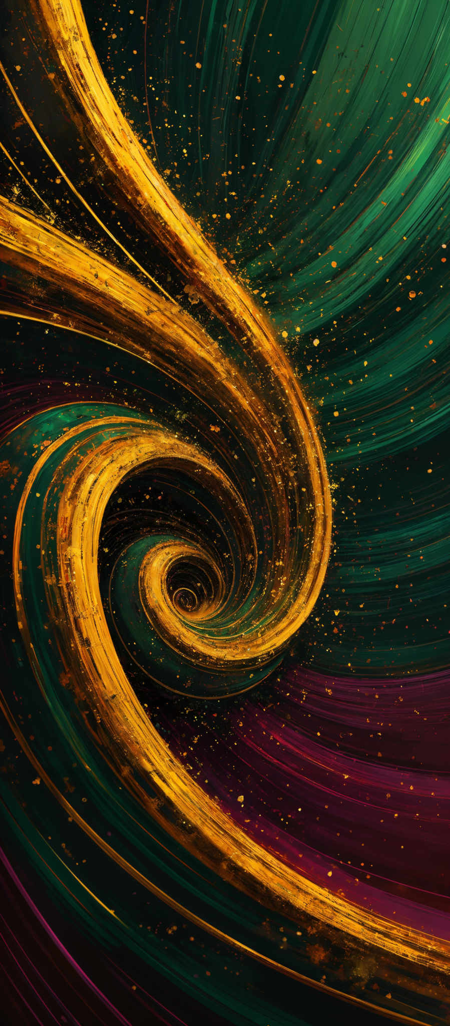 The image showcases a vibrant and dynamic swirl of colors. The dominant colors are deep green, gold, and hints of purple. The swirl is reminiscent of a spiral, with the gold forming the central core and the green and purple emanating from the outer edges, creating a sense of movement and depth. The gold speckles scattered throughout add a touch of sparkle and contrast to the overall composition.