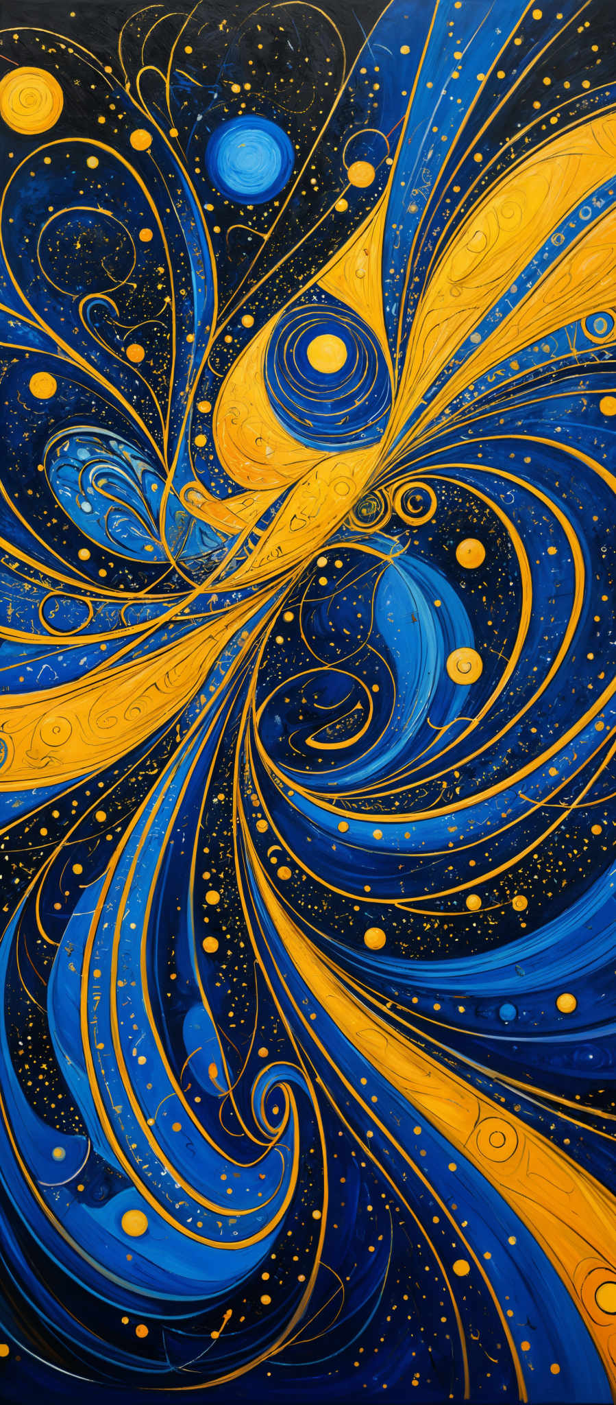 The image showcases a vibrant and intricate design with predominant colors of blue and gold. The shapes are fluid and swirling, resembling waves or tendrils. The central part of the image features a large, circular pattern with concentric circles, surrounded by swirled patterns that seem to radiate outwards. The background is a deep blue, dotted with golden circles, giving the impression of a starry night sky or a cosmic setting.