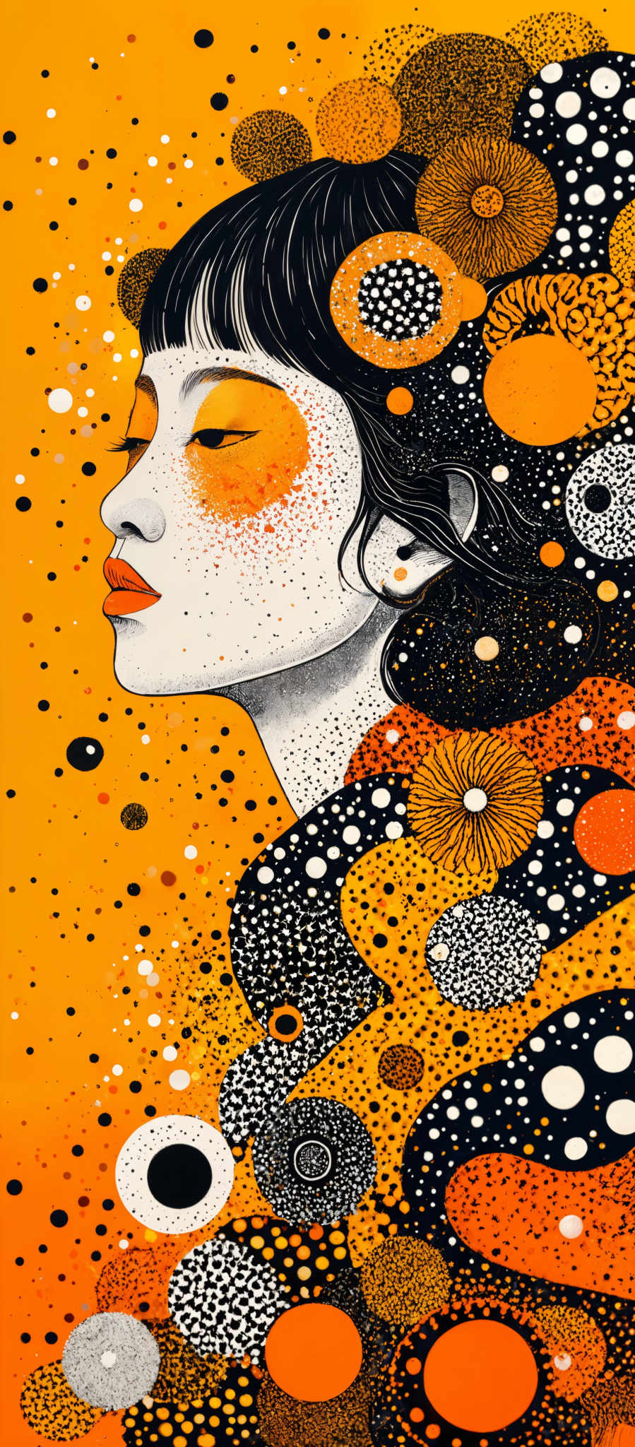 The image predominantly features a vibrant yellow background. On the image, there's a side profile of a woman's face, with her eyes closed. Her skin is adorned with intricate patterns and designs, including circular motifs and speckled patterns. The woman' has dark hair that flows and intertwines with the circular designs. The overall artwork is a blend of abstract and realistic elements, creating a visually captivating piece.