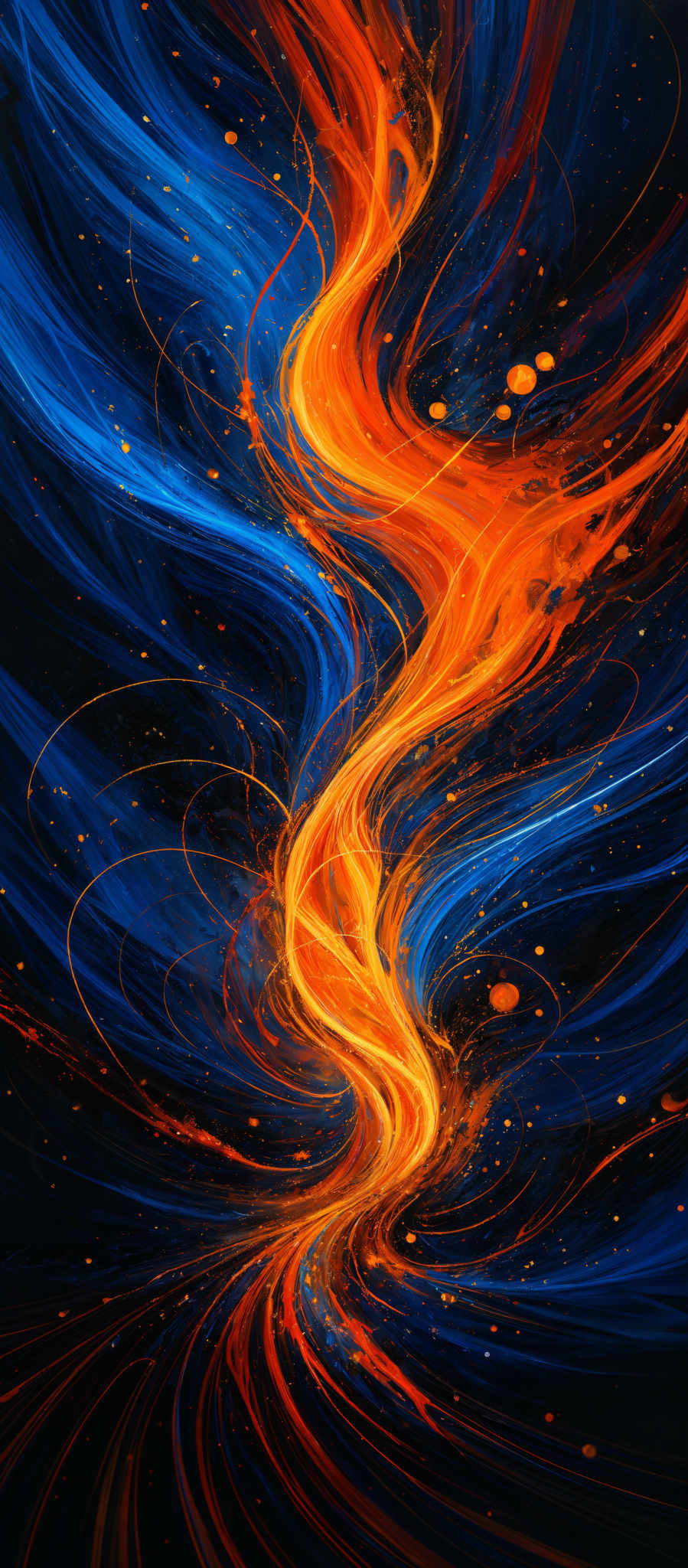 The image showcases a vibrant interplay of colors, primarily blue and orange. The blue forms a swirling pattern that seems to represent the vastness of space, while the orange, resembling fiery energy or a celestial body, spirals upwards, giving a sense of motion and dynamism. The image also contains smaller orange dots, possibly representing distant stars or other celestary objects, and golden lines that add depth and dimension to the scene.