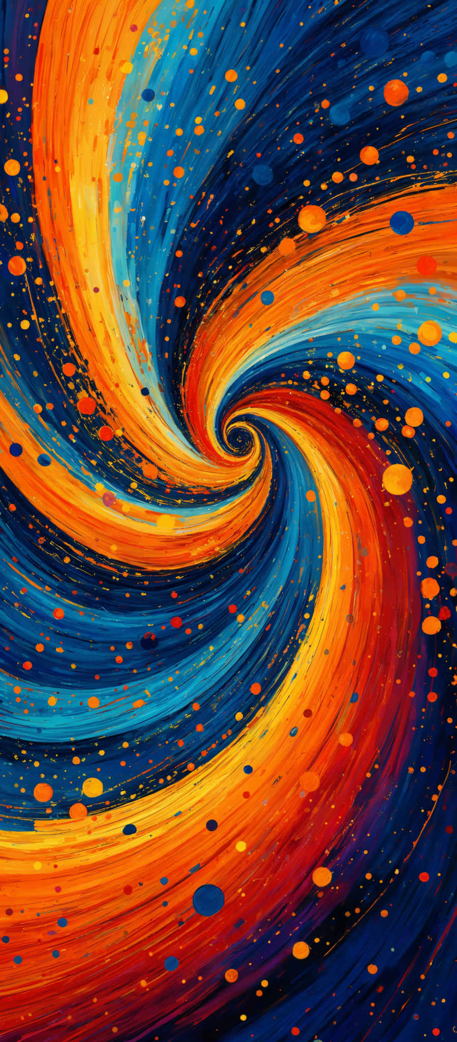 The image showcases a vibrant and dynamic swirl of colors. The dominant colors are shades of blue, orange, and red, with hints of purple and yellow. The swirl forms a spiral, with each color transitioning smoothly into the next, creating a mesmerizing effect. The background is dotted with numerous small, round, and multicolored dots, adding depth and texture to the overall composition.