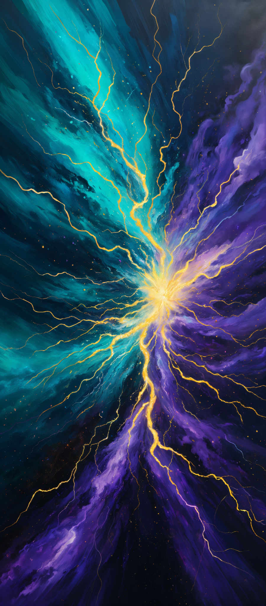 The image showcases a vibrant and dynamic interplay of colors. The dominant colors are shades of blue, turquoise, and purple, with streaks of bright yellow lightning-like tendrils emanating from a central point. These tendrills spread outwards, creating an explosive effect. The background is dark, possibly representing a night sky or deep space, which accentuates the luminosity of the colors and the tendrill patterns.