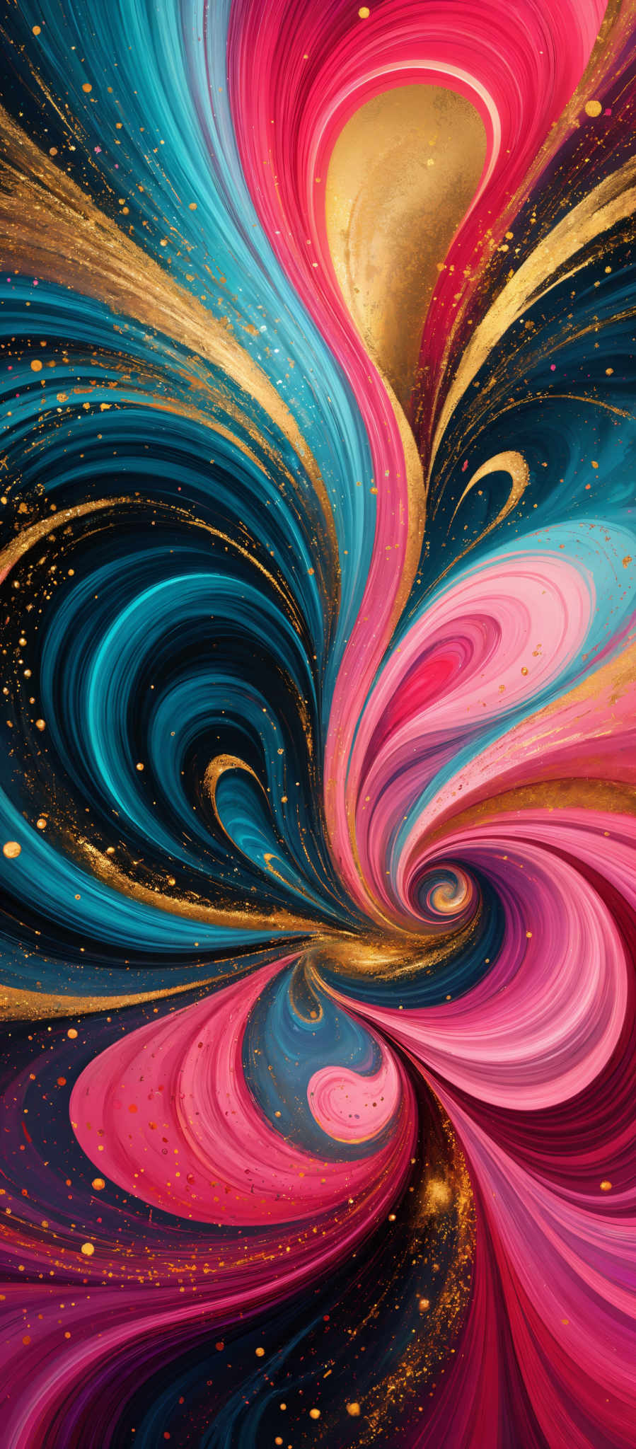 The image showcases a vibrant and dynamic swirling pattern of colors. The dominant colors include shades of pink, blue, and gold. The swirls are fluid and wavy, giving an impression of movement and energy. The gold specks scattered throughout add a touch of sparkle and contrast to the predominantly cool tones. The overall design is reminiscent of a mix between fluid art and a cosmic representation, with the swirls resembling galaxies or nebulas.