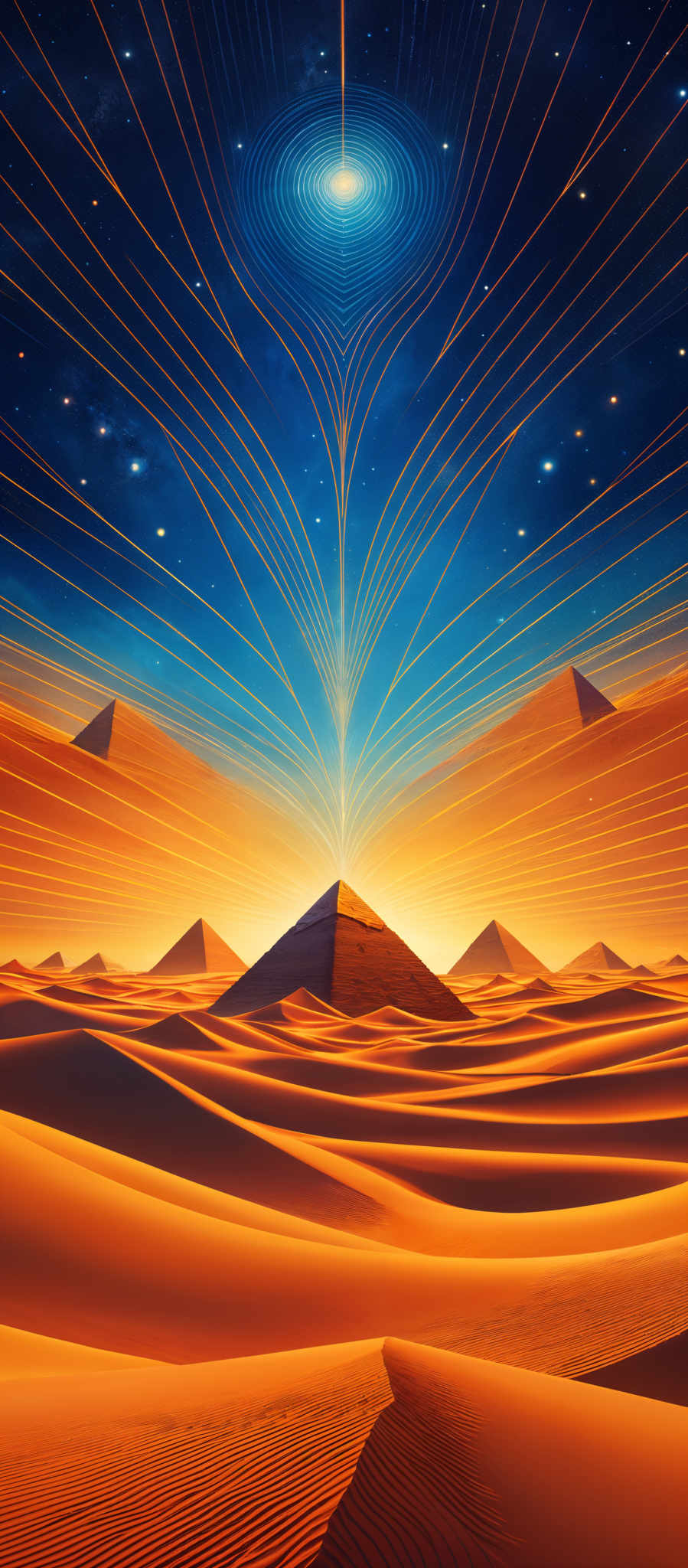 The image showcases a surreal landscape with vast sand dunes stretching across the foreground and middle ground. The sky above is a deep blue, dotted with stars, and is dominated by a radiant, swirling pattern of golden lines emanating from a central point. These lines converge towards the horizon, creating an aura of energy and mystique. The pyramids, reminiscent of ancient Egyptian structures, are silhouetted against the golden sky, adding a touch of history and architecture to the scene.