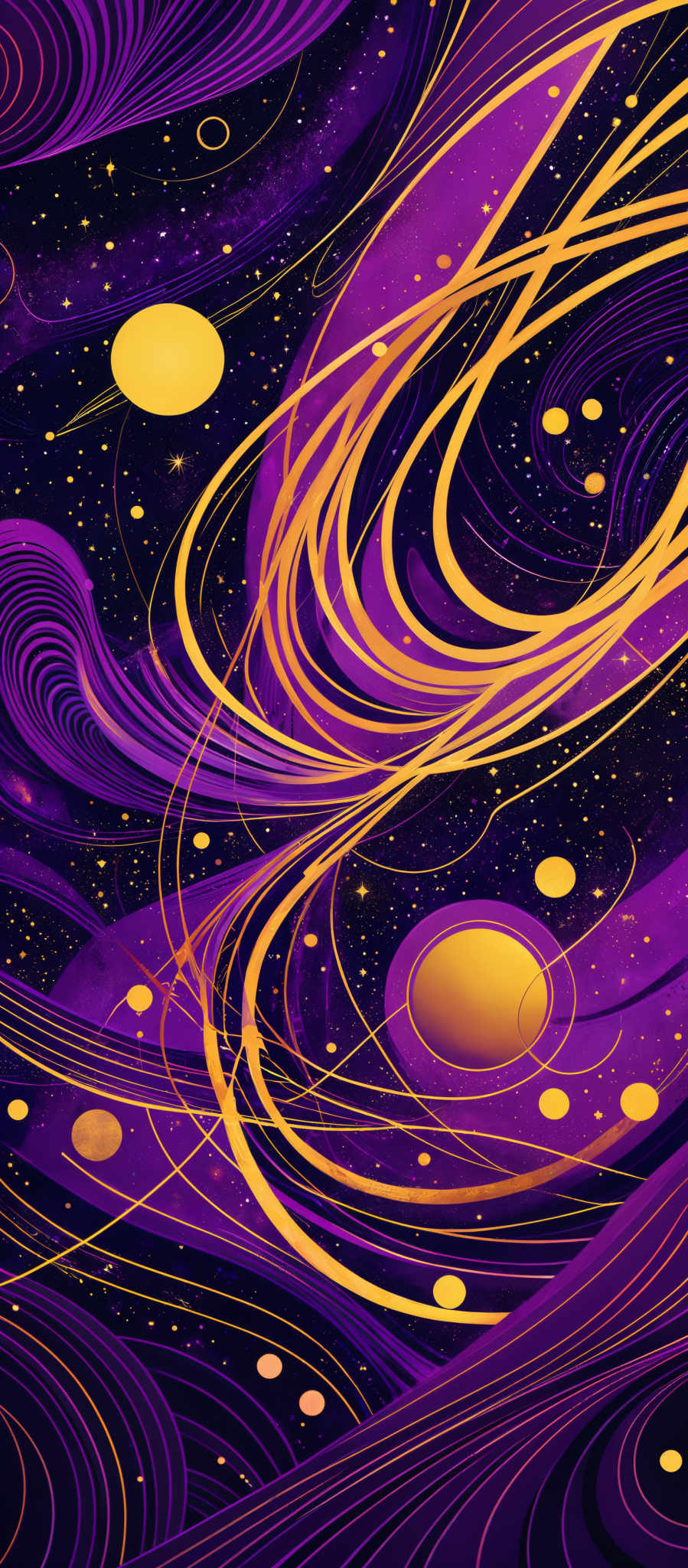 The image predominantly features a deep purple and gold color palette. It showcases swirling patterns of gold lines intertwined with purple waves, resembling cosmic energy or fluid dynamics. The gold lines form intricate loops and spirals, while the purple areas give a sense of depth and vastness, reminiscent of a galaxy or nebula. There are also several gold spheres scattered throughout, which could represent stars or planets.