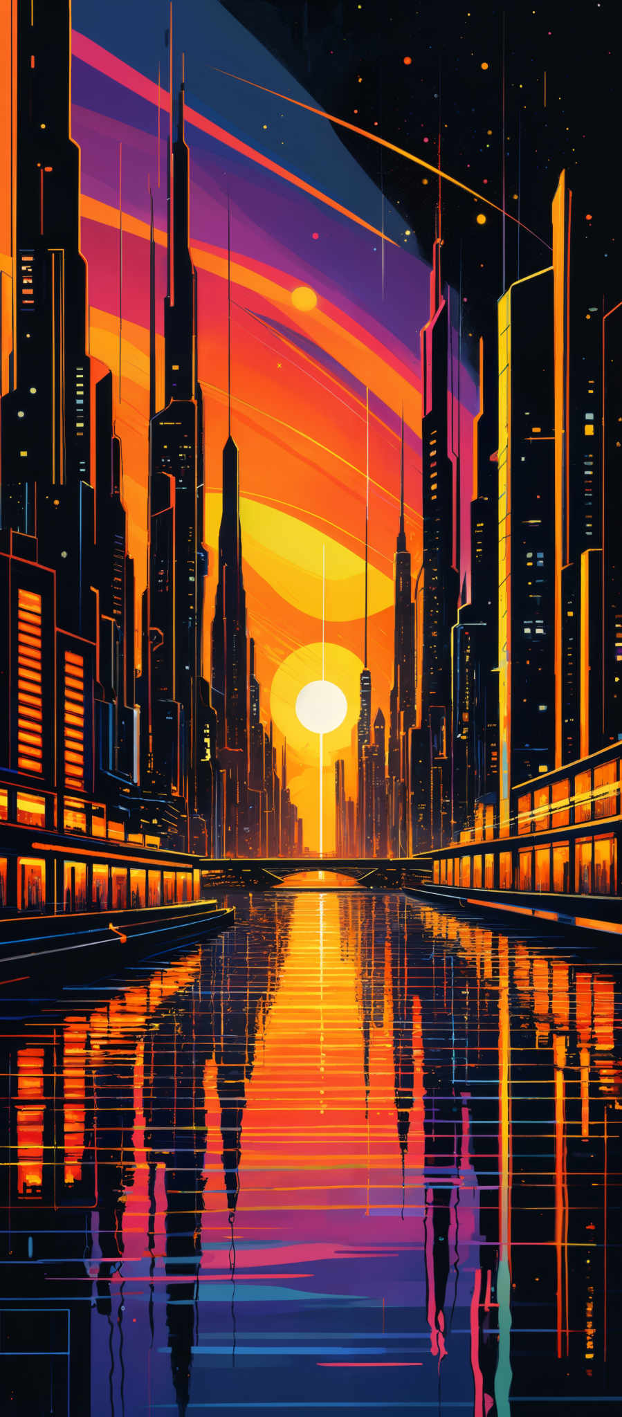 The image showcases a vibrant cityscape during sunset or sunrise. The sky is painted with hues of orange, pink, and purple, transitioning into a deep black at the top. The city's skyscrapers, illuminated by the setting or rising sun, cast a warm orange glow. The buildings are tall and modern, with sleek designs. In the foreground, there's a calm body of water reflecting the city' lights and the sky's colors. The overall ambiance of the image is serene and futuristic.