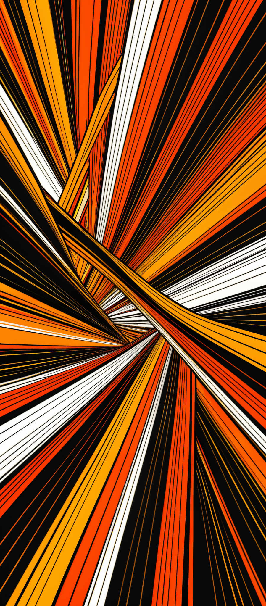 The image showcases a vibrant and dynamic pattern with a plethora of colors. It predominantly features shades of orange, black, white, and a hint of yellow. The pattern consists of intersecting lines that converge towards a central point, creating an illusion of depth and movement. The lines are thick and bold, giving the image a sense of energy and dynamism.