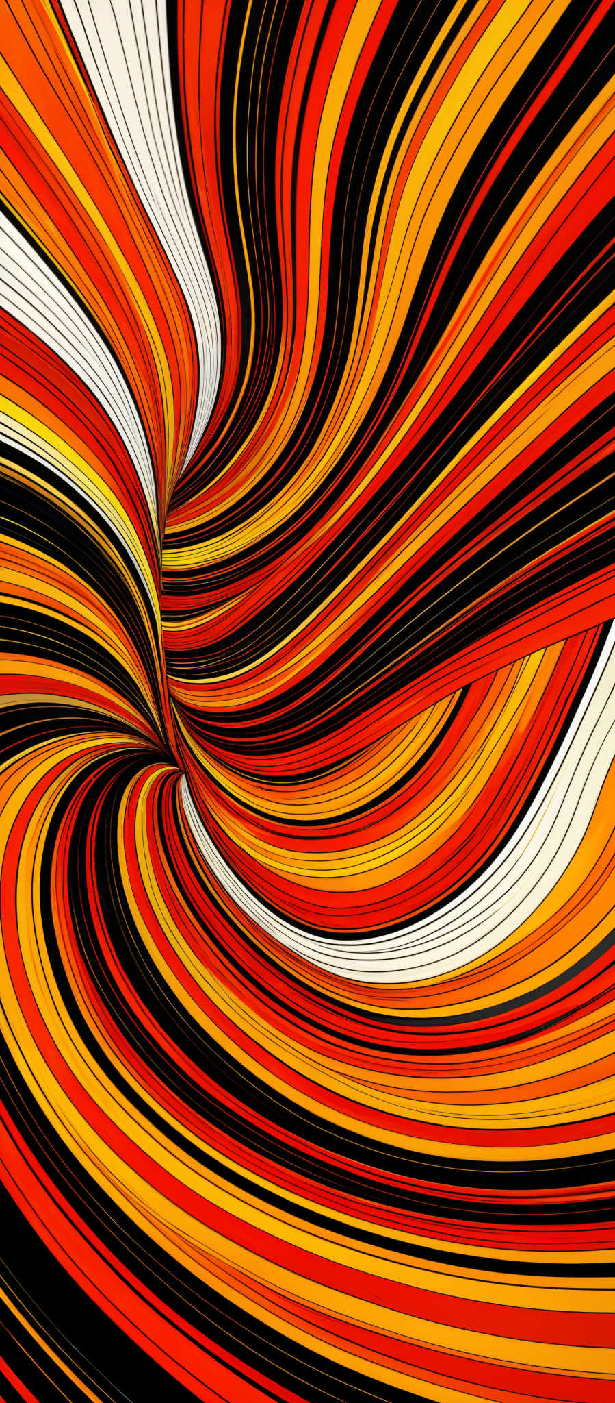 The image showcases a vibrant and dynamic swirl of lines. The lines are multi-colored, predominantly in shades of orange, red, yellow, and black. They twist and turn, creating a hypnotic vortex effect. The swirls are intricate, with each line varying in thickness and direction, giving the image a sense of movement and energy.