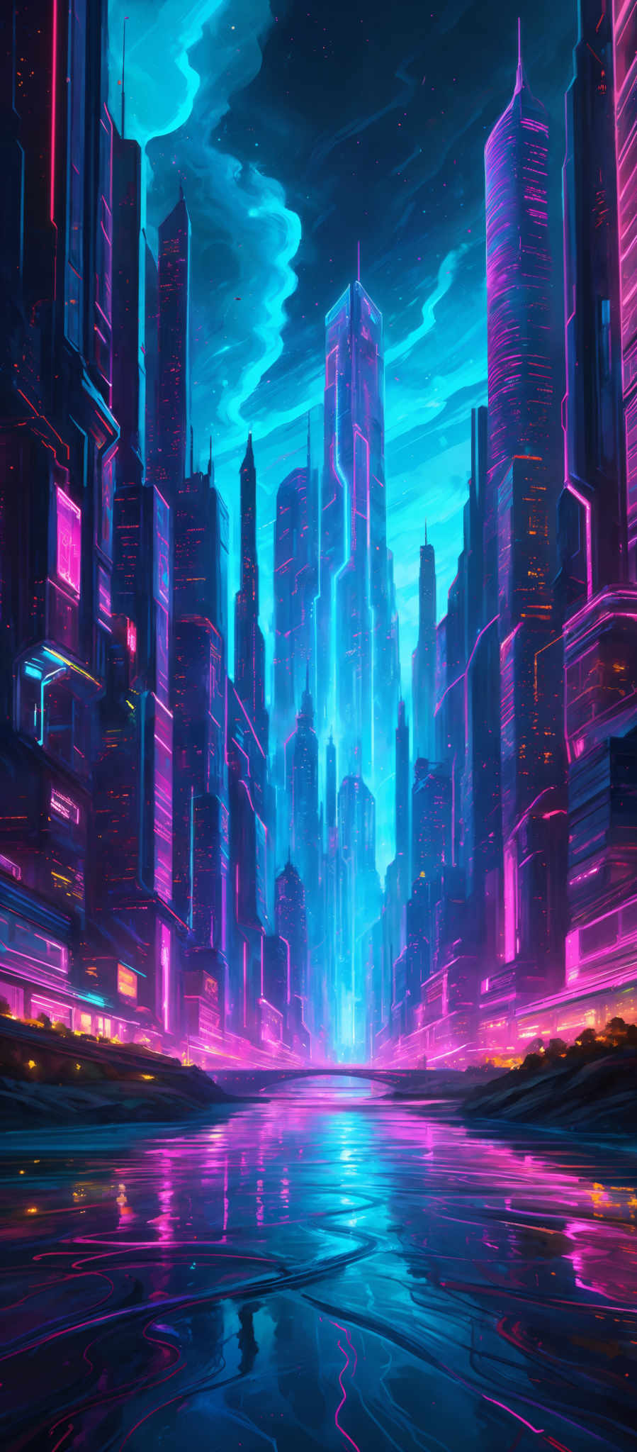 The image showcases a futuristic cityscape with towering skyscrapers illuminated in vibrant hues of blue, pink, and purple. The buildings have a sleek and modern design, with neon accents highlighting their features. The sky above is a mix of deep blues and turquoise, with wispy clouds that glow with the same neon colors. In the foreground, there's a serene body of water reflecting the city's lights, creating a mirrored effect. The overall ambiance of the image is both ethereal and bustling, suggesting a city that never sleeps.