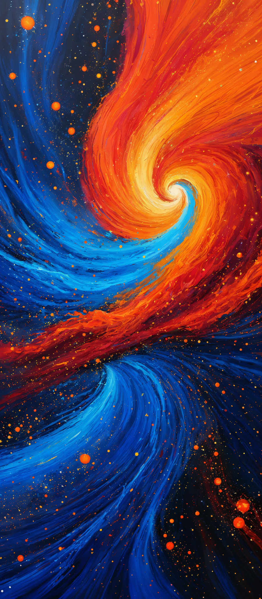 The image showcases a vibrant and dynamic cosmic scene. The dominant colors are deep blues, fiery reds, and bright oranges. The swirling patterns resemble galaxies or nebulae, with the red and orange hues suggesting intense energy or possibly a star-forming region. The blue regions might represent cooler, outer space or the vastness of the universe. The image is filled with numerous small, golden dots, possibly representing distant stars or other celestial bodies.