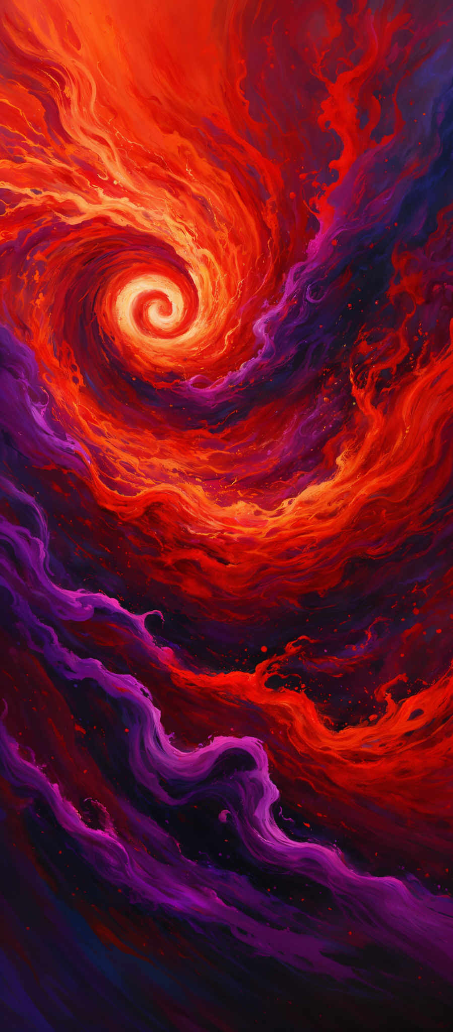 The image showcases a vibrant and dynamic swirl of colors. At the center, there's a bright, fiery orange and red spiral, reminiscent of a galaxy or a whirlpool. Surrounding this central spiral are waves of deep purple and magenta, giving the impression of molten lava or a cosmic event. The outer edges of the image transition into a deep, dark blue, suggesting the vastness of space or the depths of an ocean. The overall impression is one of energy, movement, and the raw power of nature or the universe.