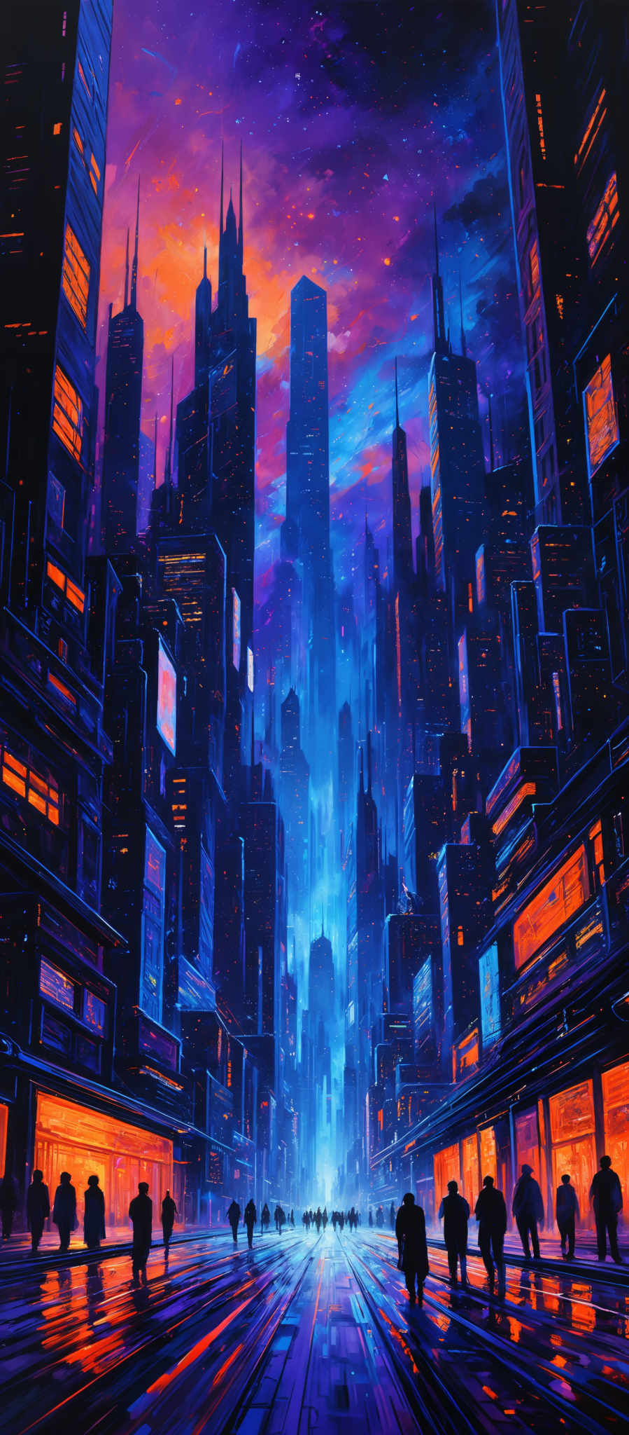 The image showcases a futuristic cityscape during what appears to be dusk or dawn. The sky is painted in hues of purple, blue, and orange, with streaks of white, possibly representing shooting stars or distant galaxies. The city itself is dominated by tall skyscrapers, some of which have unique and intricate designs. The buildings are illuminated with various colors, predominantly blue and orange. The streets below are reflective, mirroring the colors of the sky and the lights from the buildings. Silhouettes of people can be seen walking on the streets, adding a sense of life to the scene.