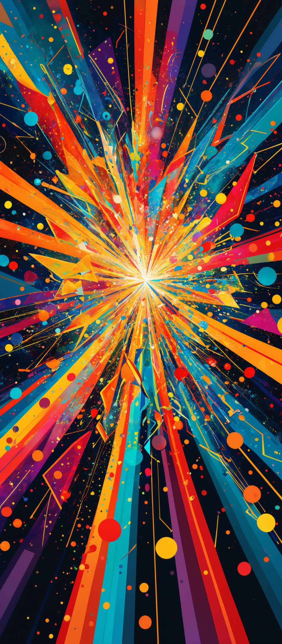 The image showcases a vibrant and dynamic explosion of colors. The central focus is a bright white light emanating outwards, surrounded by a myriad of multicolored streaks and patterns. These streaks are composed of a mix of geometric shapes, including triangles, circles, and lines, all rendered in a variety of hues such as red, blue, yellow, and purple. The background is dark, which accentuates the brightness and vibrancy of the central light and the surrounding colors.