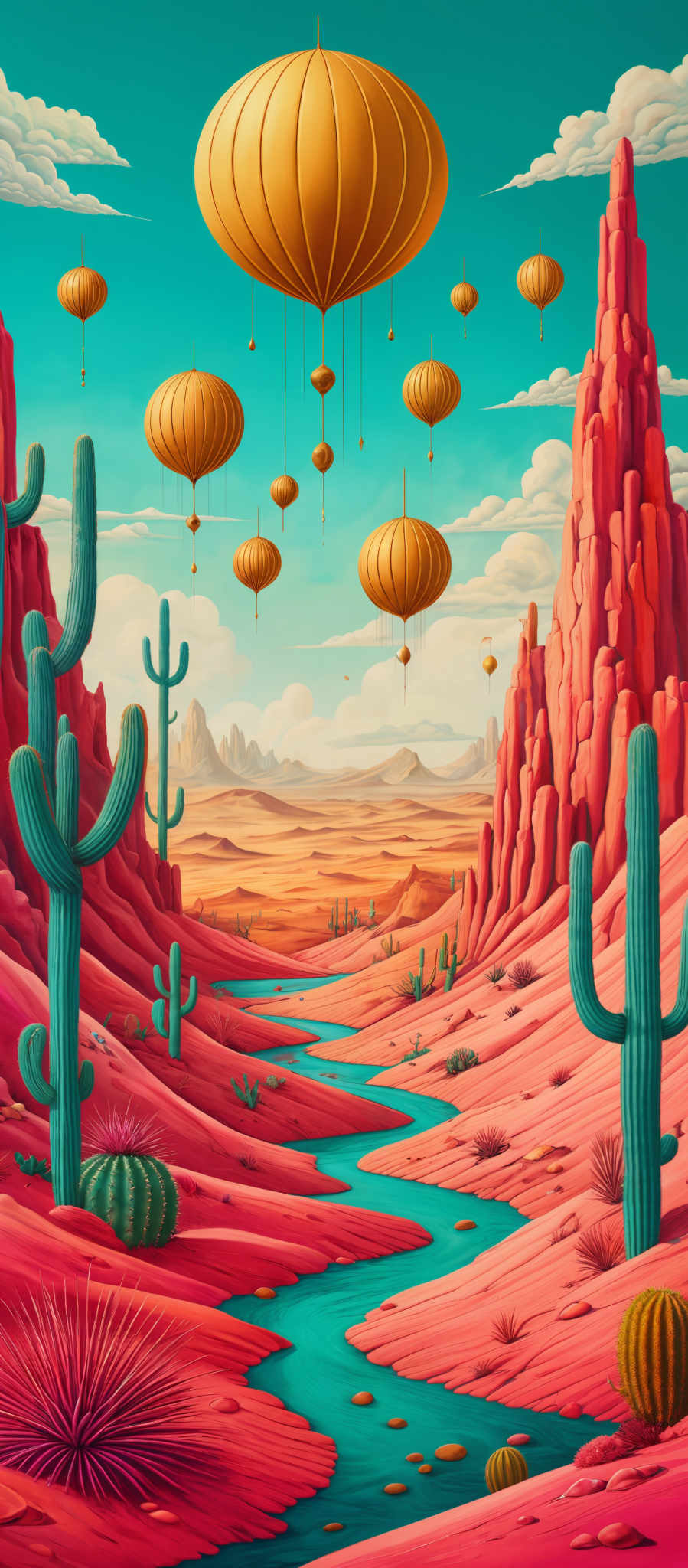 The image showcases a vibrant desert landscape with rich, warm colors. Dominating the scene are tall, slender red rock formations that rise majestically against a clear blue sky. The sky is adorned with fluffy white clouds. Floating above the desert are multiple large, golden hot air balloons, each with a unique design. The desert floor is a mix of deep reds and pinks, interspersed with patches of green from cacti and other desert vegetation. A winding blue river or stream snakes its way through the desert, reflecting the sky's blue hue. The overall atmosphere is one of serenity and wonder.