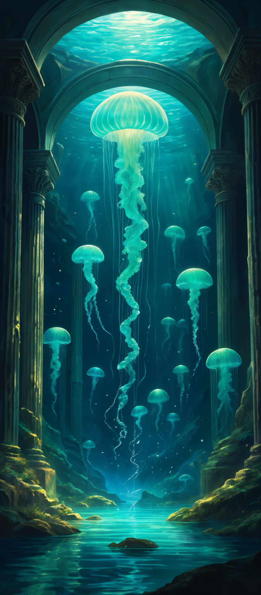 The image showcases a surreal underwater scene. Dominating the center is a large, translucent jellyfish with a luminescent glow, suspended in the water. Surrounding this central figure are smaller jellyfishe, also glowing in varying shades of blue. The backdrop is an arched underwater passage, framed by tall, ornate columns. The water is a deep blue, reflecting the ambient light from above. The scene is illuminated by a soft, ethereal light, casting gentle reflections on the water's surface.