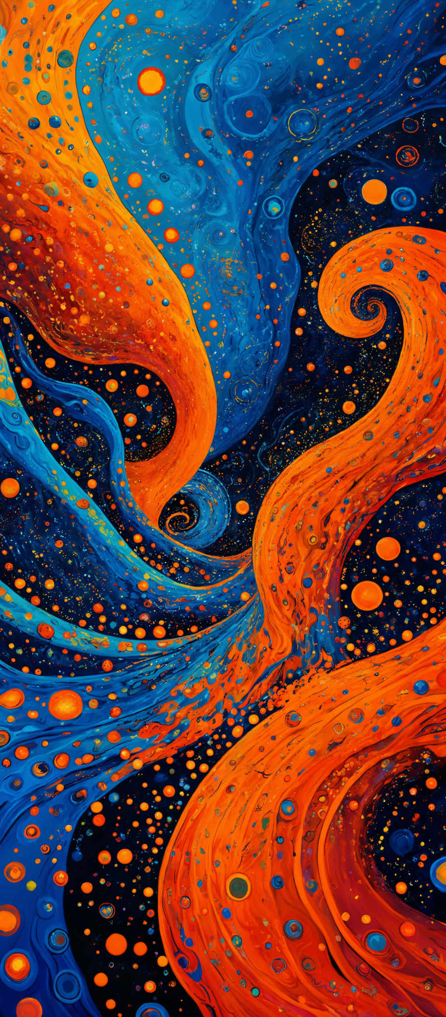 The image showcases a vibrant and dynamic composition of swirling patterns in various shades of blue, orange, and black. The swirls are intricate, resembling fluid motion, and they intertwine with one another, creating a mesmerizing effect. The background is dominated by a deep blue hue, dotted with numerous circular patterns in shades ranging from orange to yellow. These circles seem to be floating or suspended in space, adding to the dreamy and ethereal quality of the artwork.